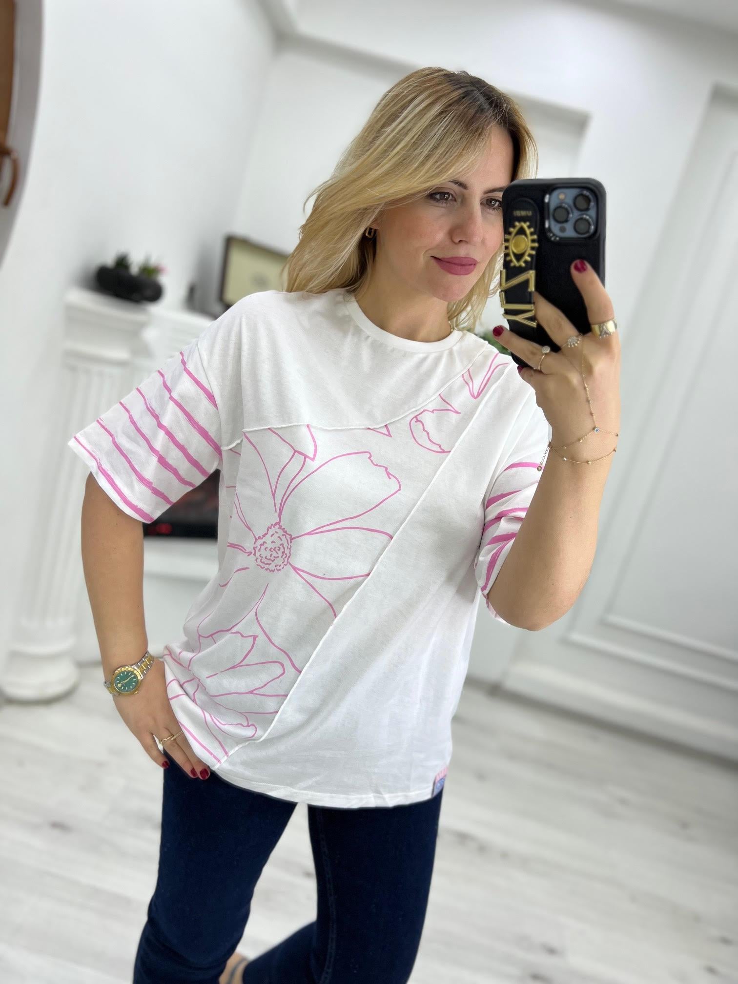 0228 Pembe Çiçekli Tshirt EKRU