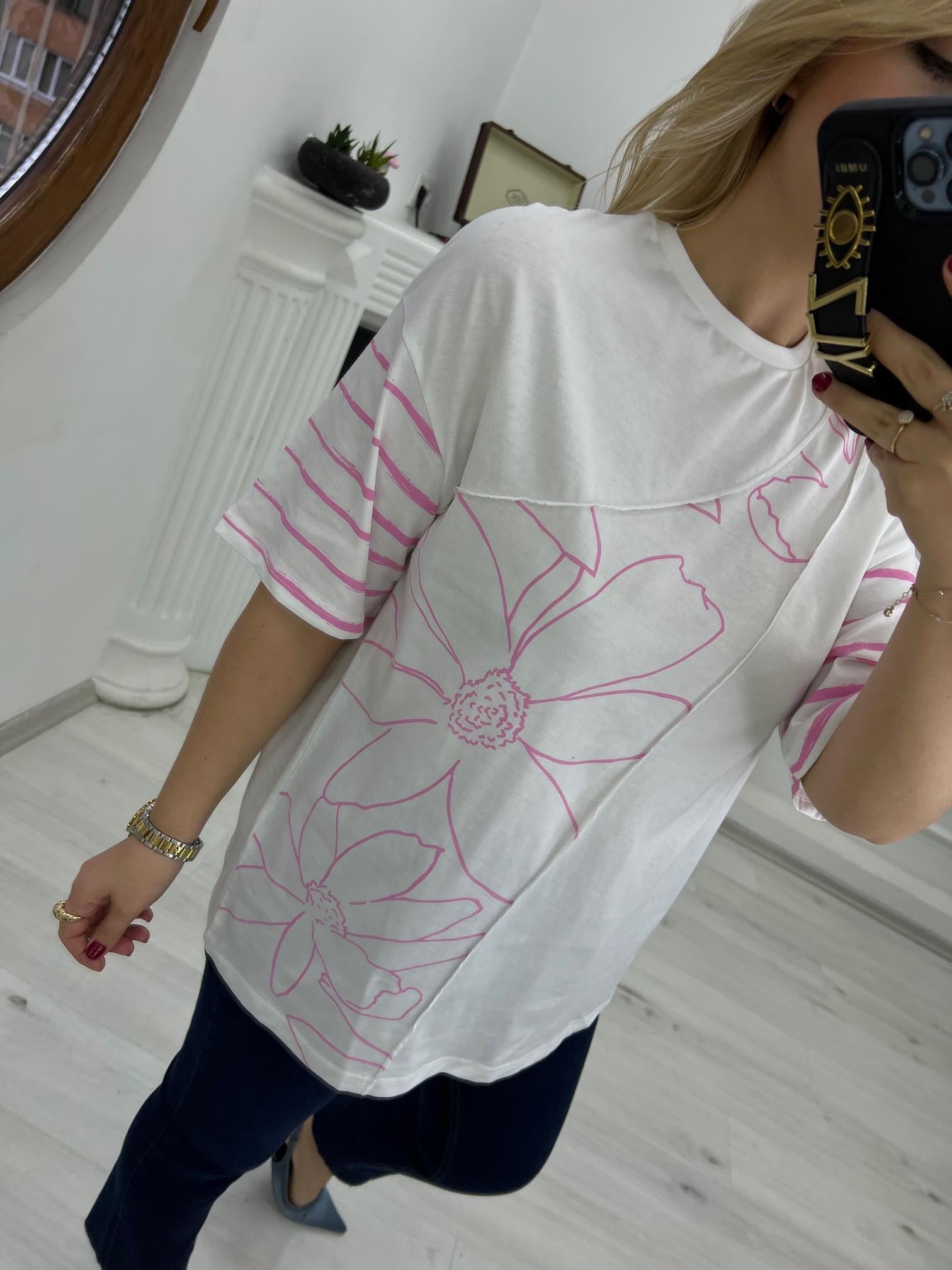 0228 Pembe Çiçekli Tshirt EKRU
