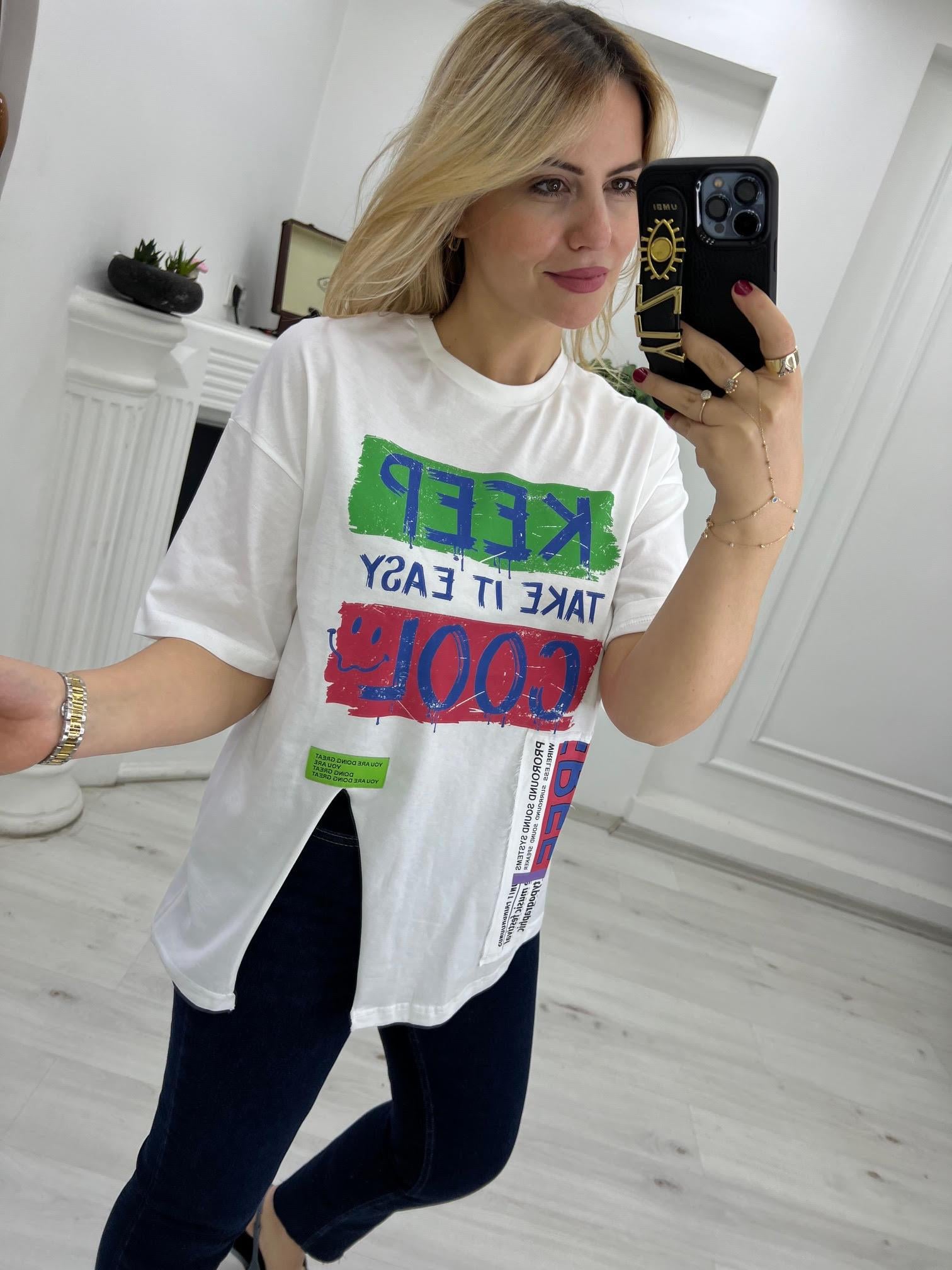 0230 Baskılı Tshirt EKRU
