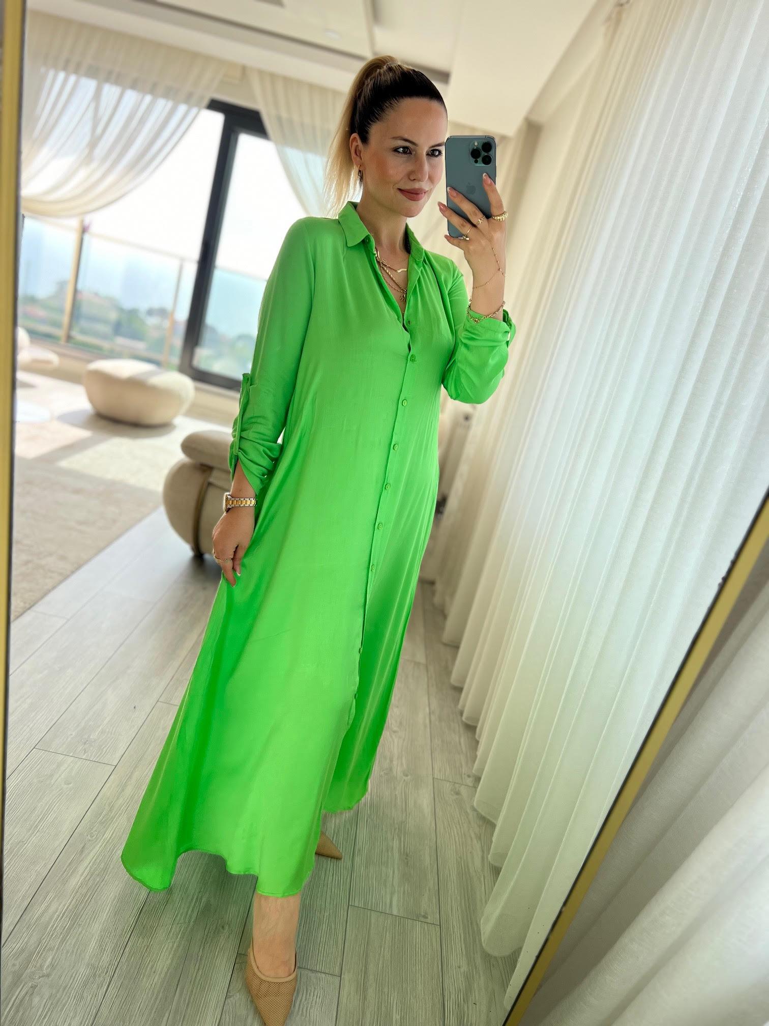 03 Uzun Gömlek Elbise YEŞİL