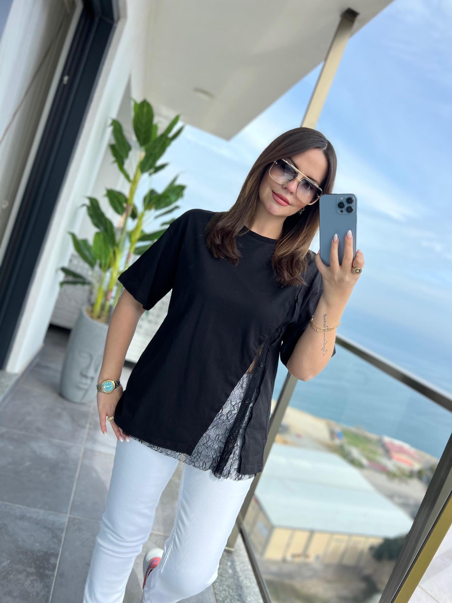 0307 Dantel Detay Tshirt SİYAH