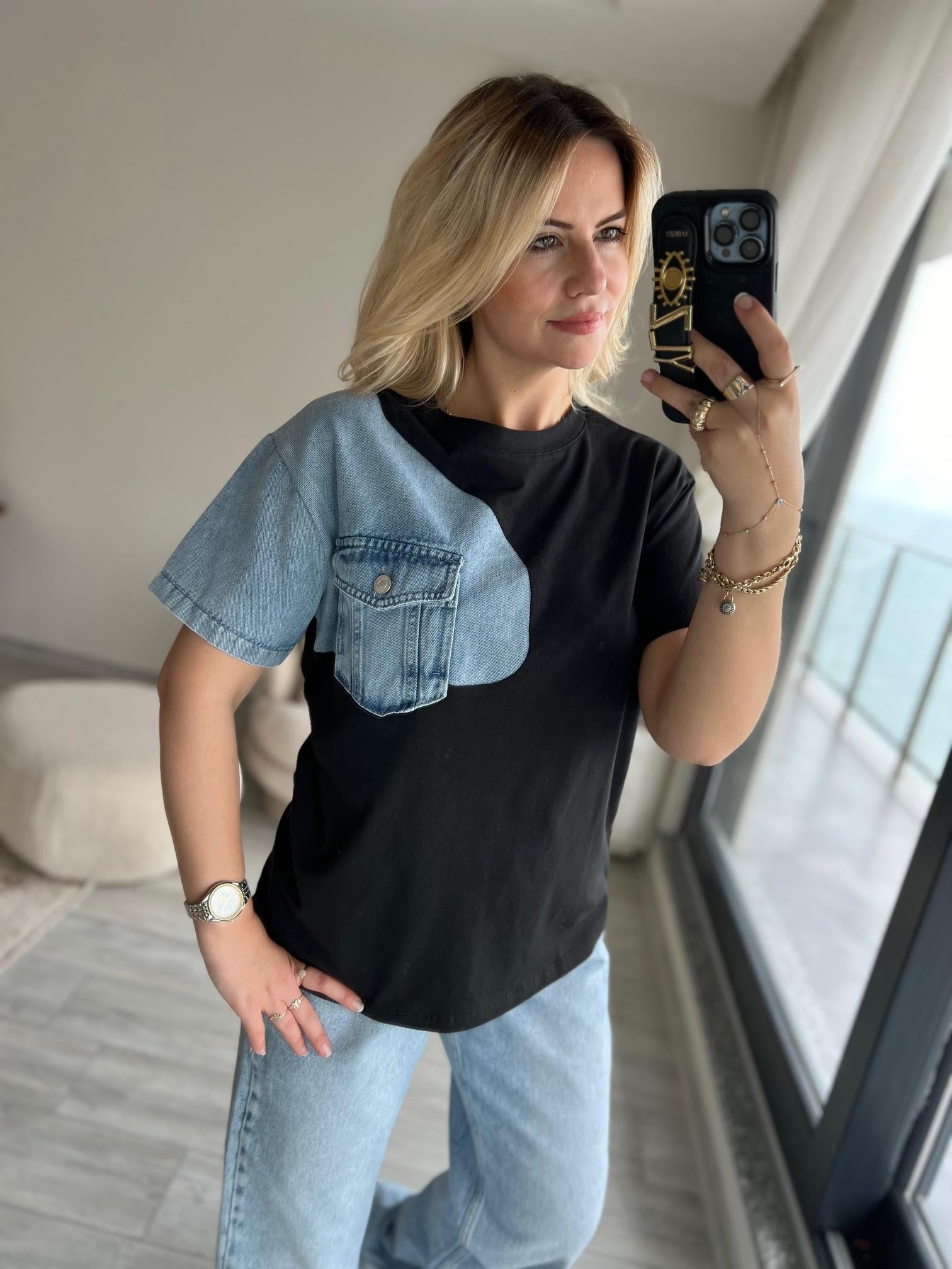 034 Cebi Jean Detaylı Tshirt SİYAH