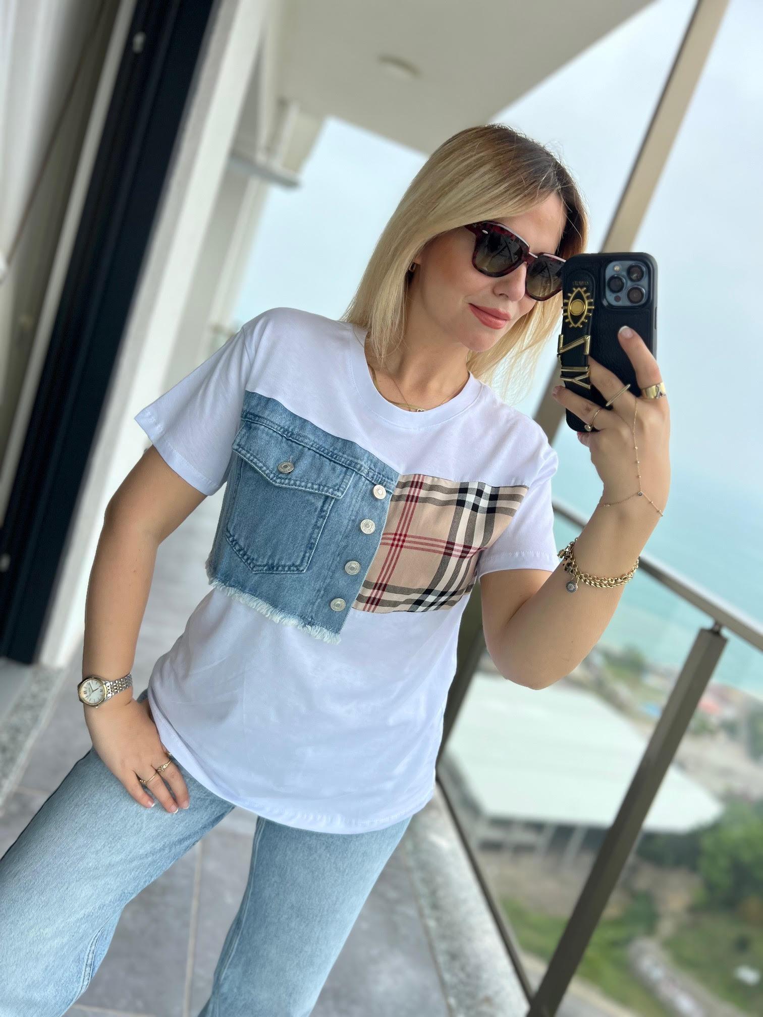 051 Burbeyry Desen Tshirt BEYAZ