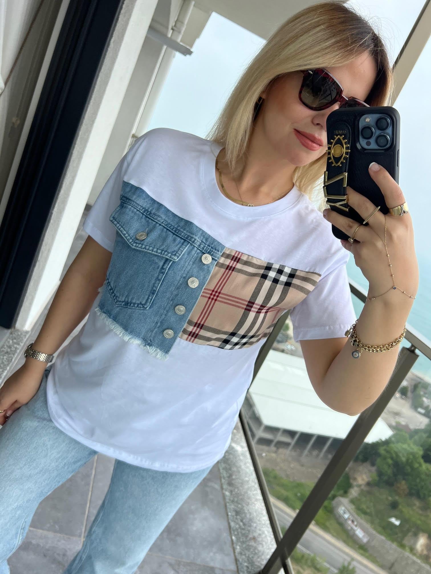 051 Burbeyry Desen Tshirt BEYAZ