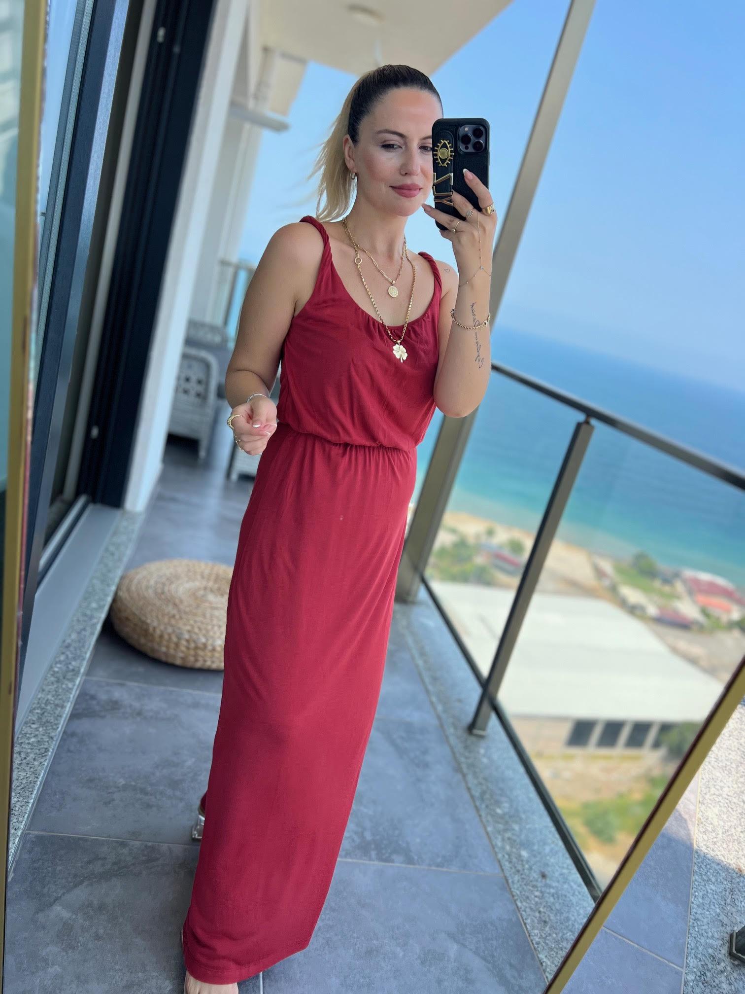 055 Beli Lastikli Basıc Elbise KİREMİT