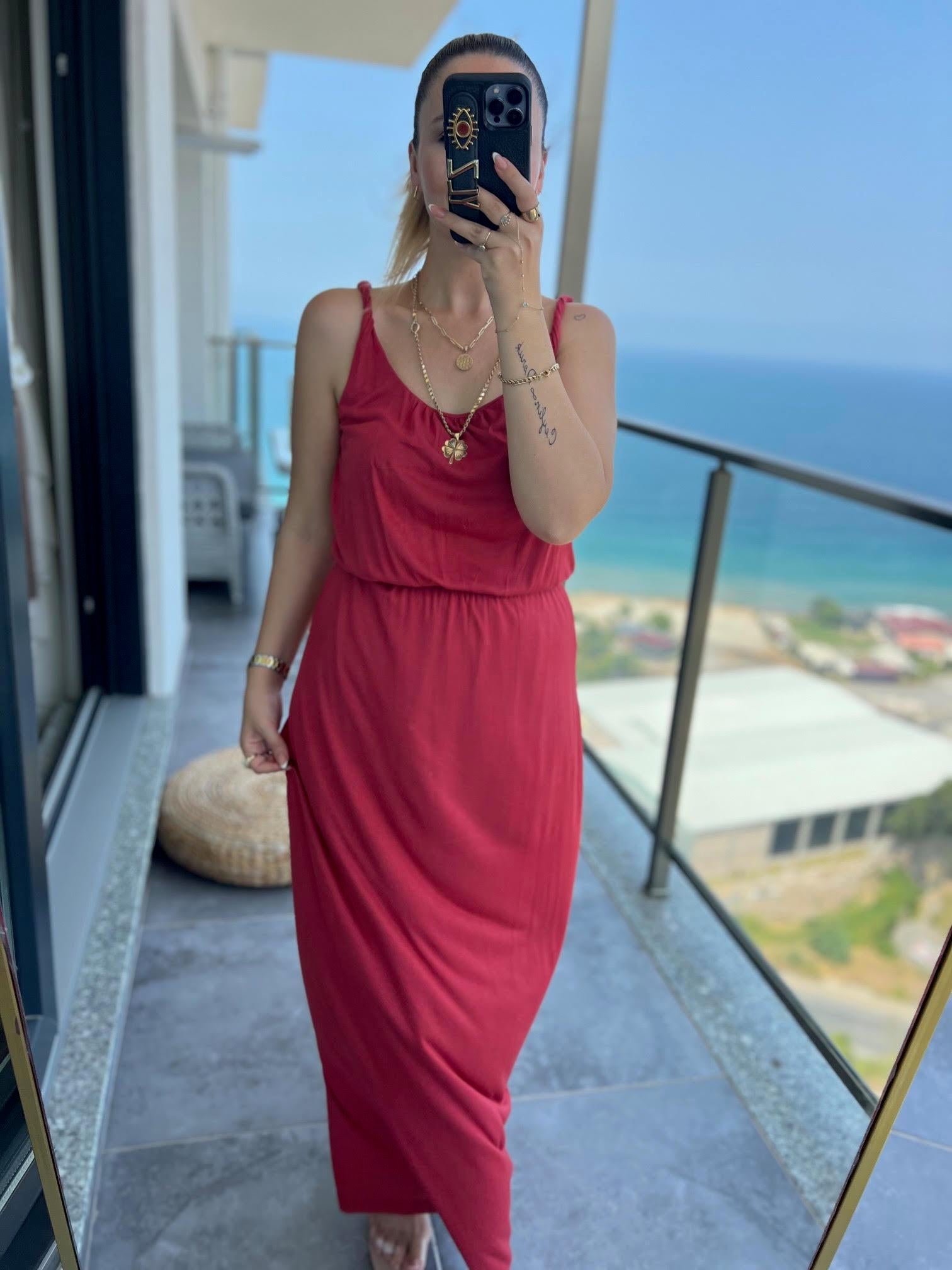 055 Beli Lastikli Basıc Elbise KİREMİT