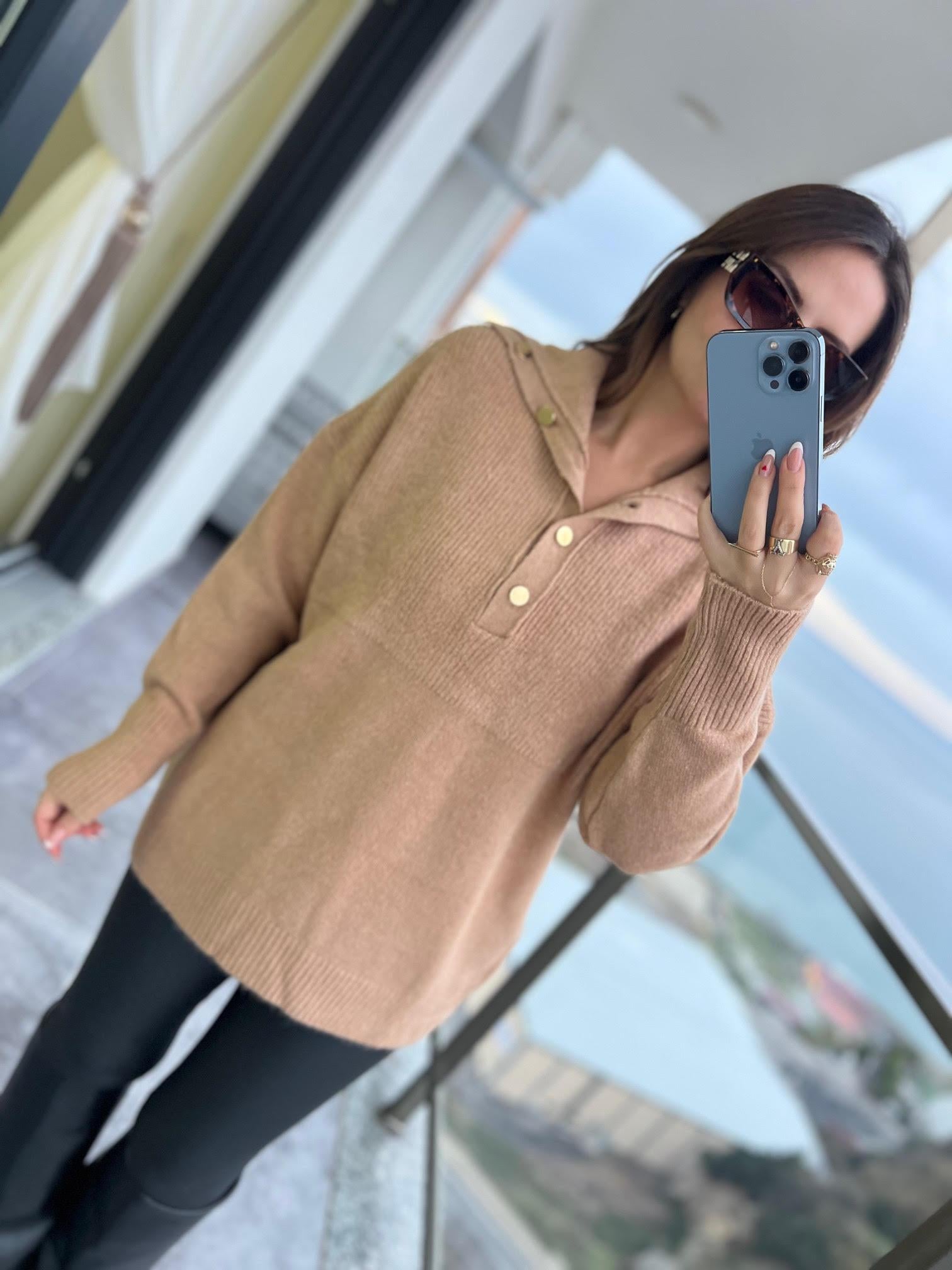 059 Patlı Polo Yaka Kazak CAMEL