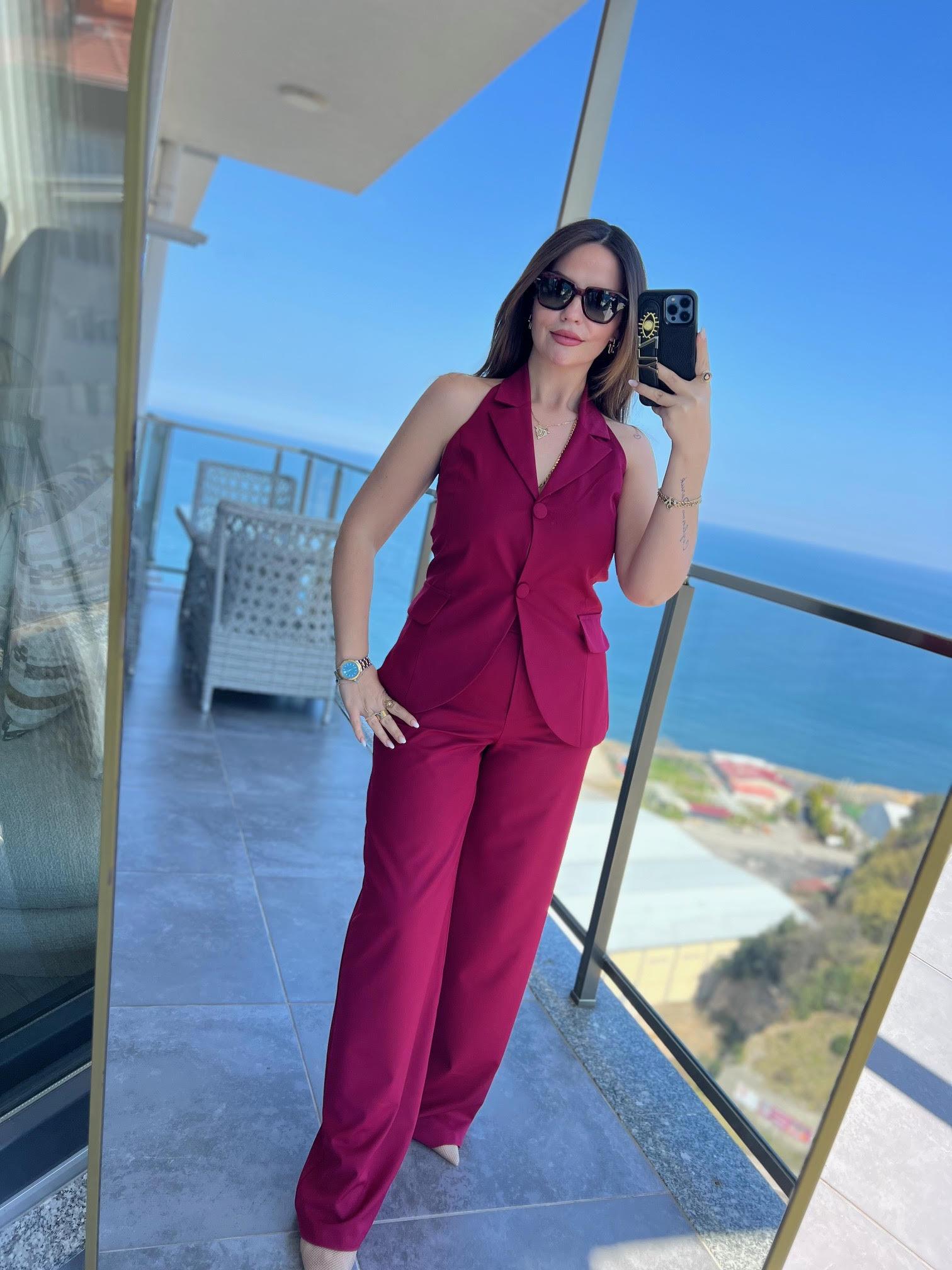 0602 Sırt Dekolte Yelek Takım BORDO