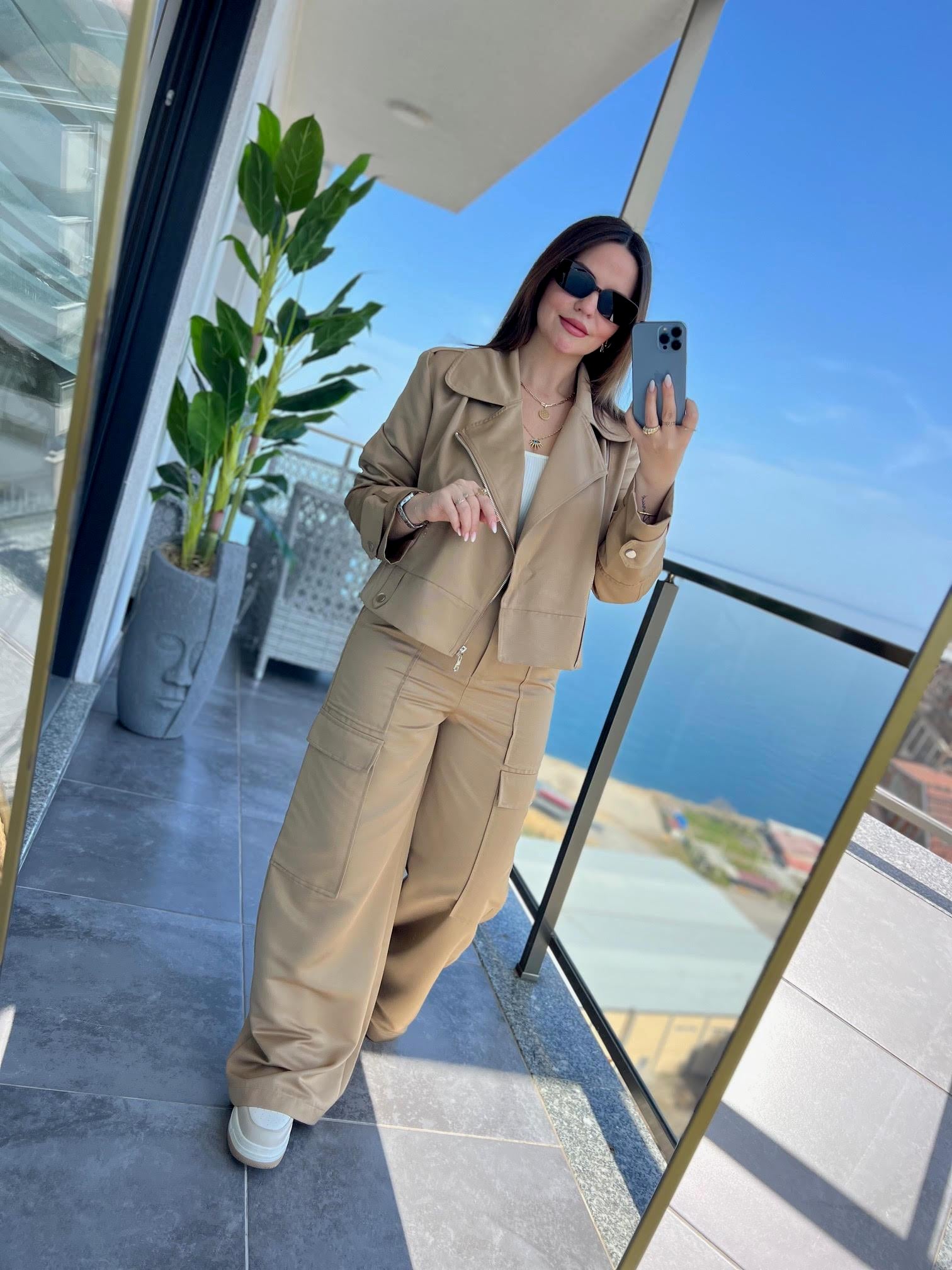 0655 Oversize Biker Ceket Pantolon Takım BEJ