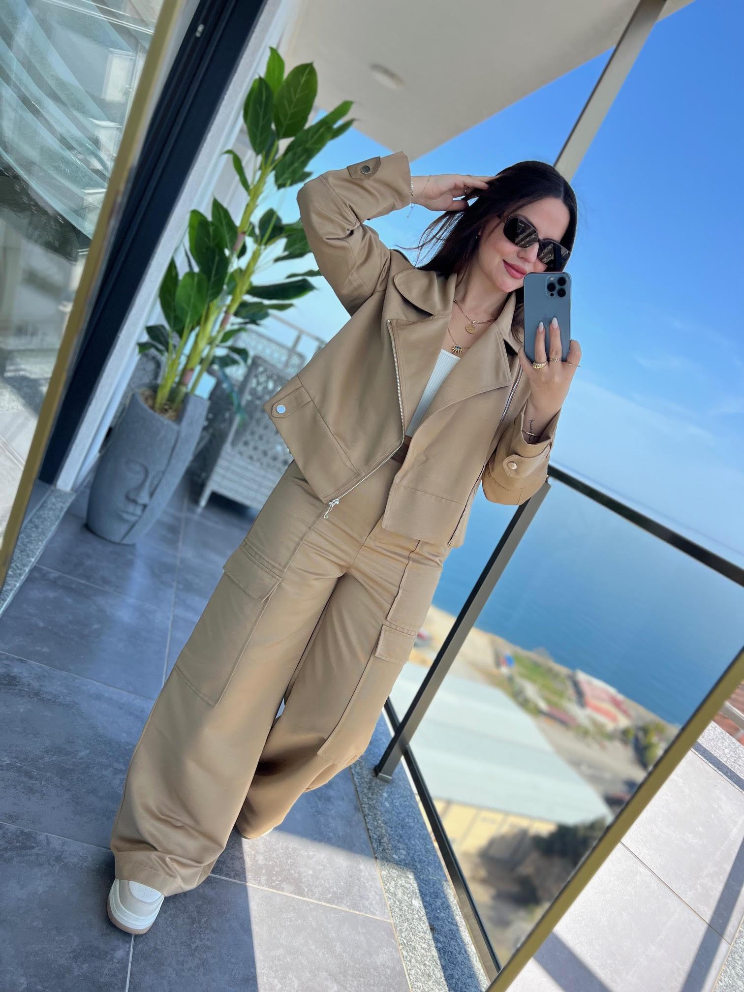 0655 Oversize Biker Ceket Pantolon Takım BEJ
