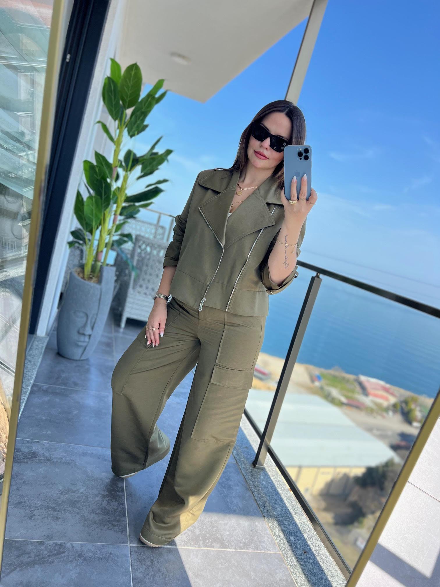 0655 Oversize Biker Ceket Pantolon Takım HAKİ YEŞİL