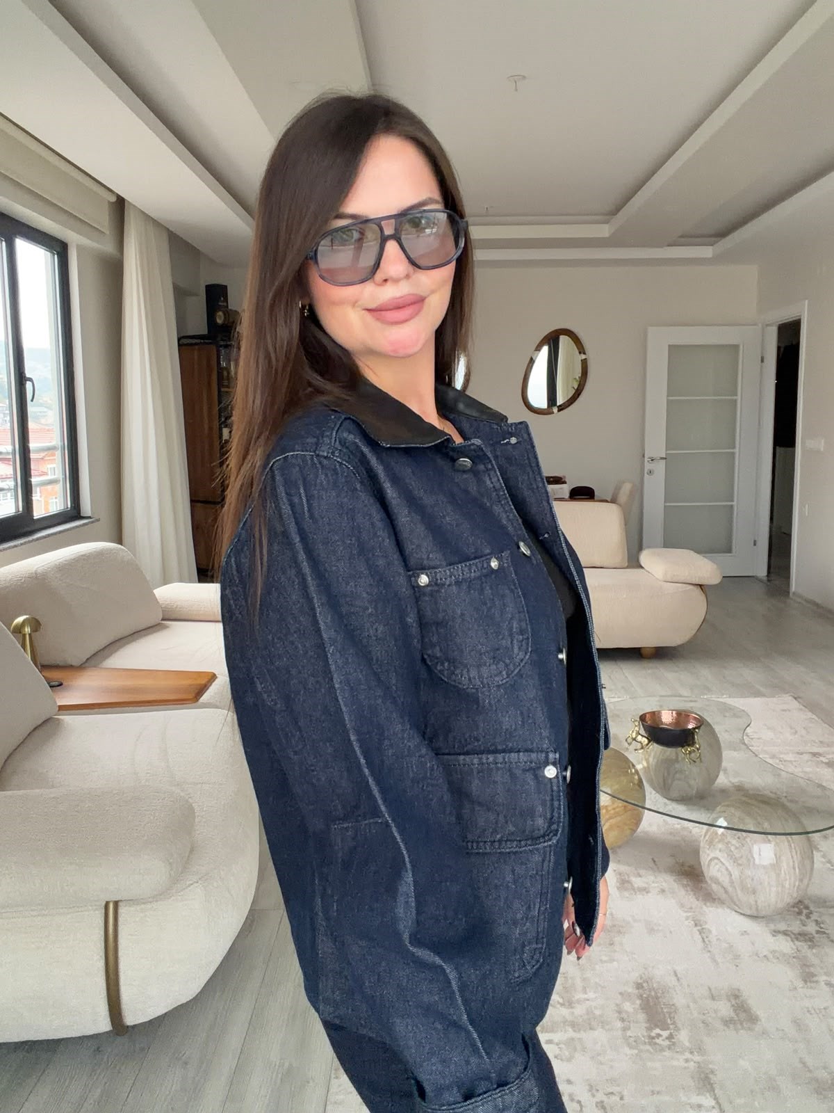 0660 Deri Yaka Denim Ceket LACİVERT
