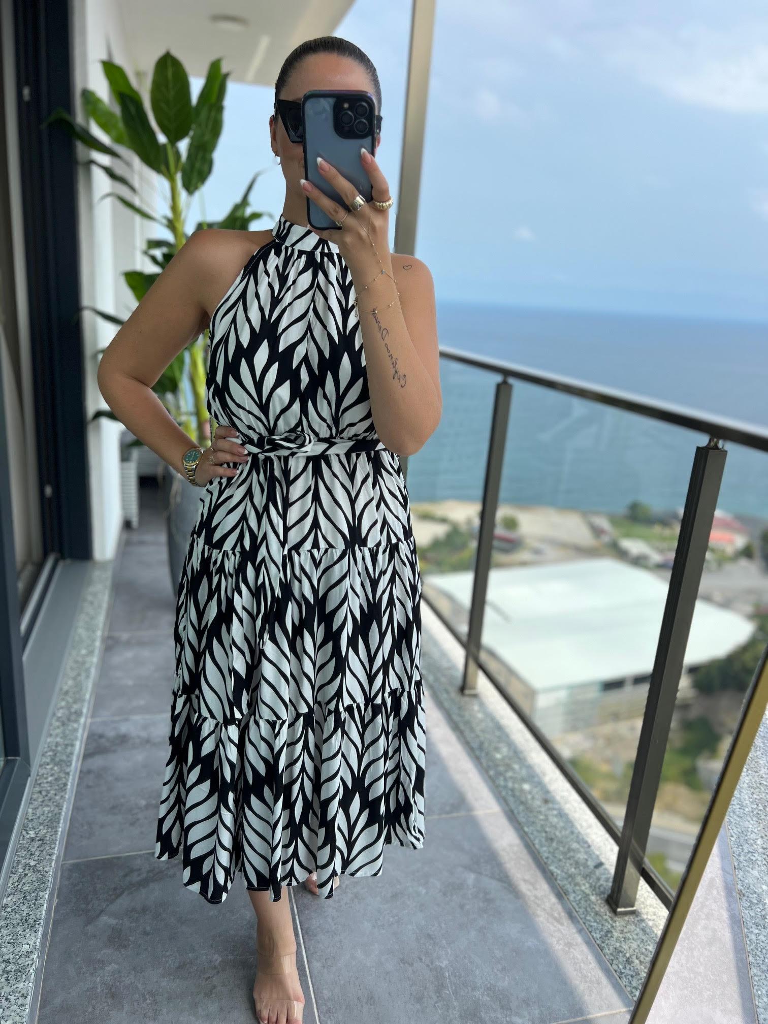 07 Halter Yaka Elbise YAPRAK DESEN