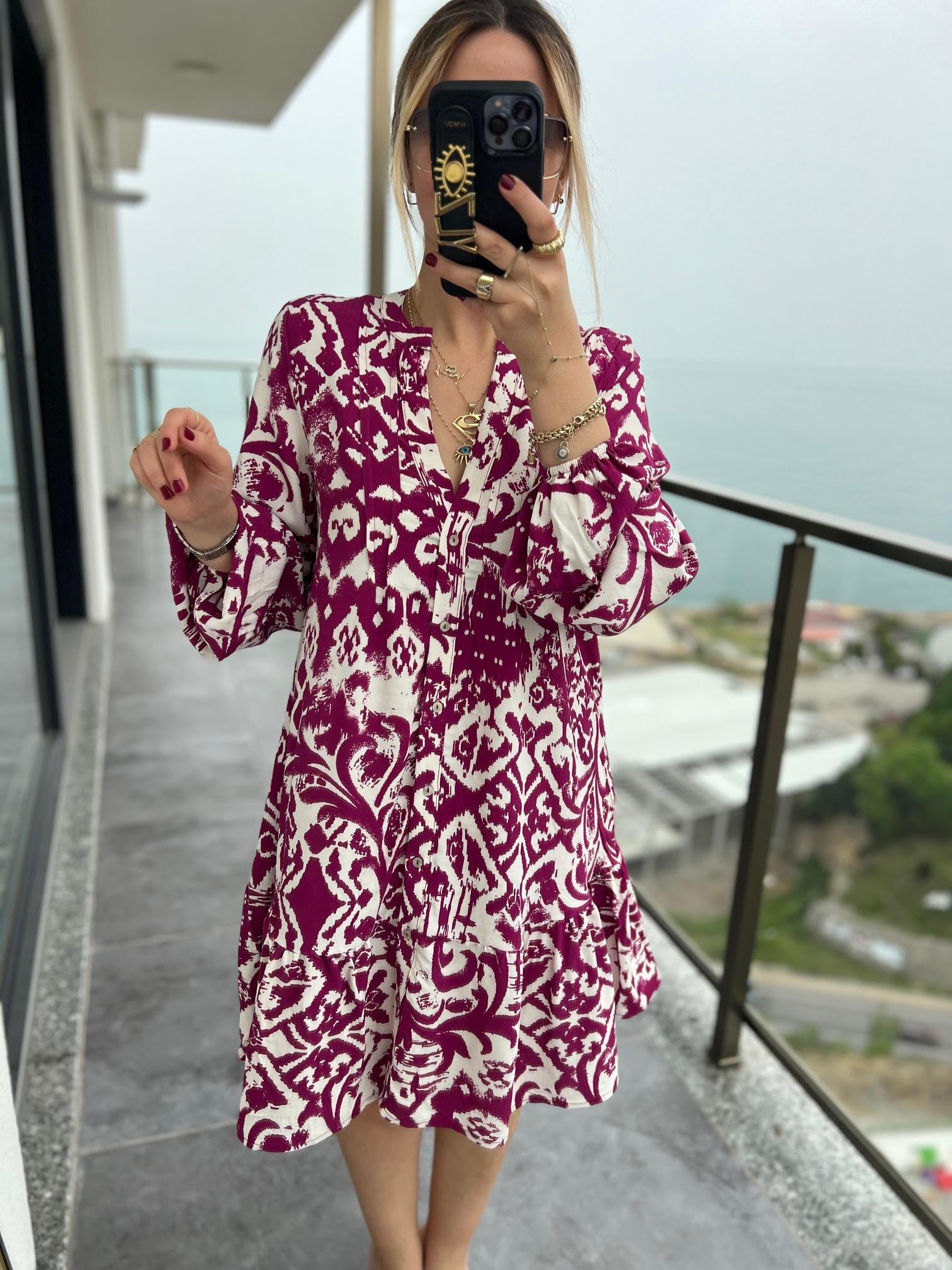 0755 Desenli Kısa Elbise PEMBE