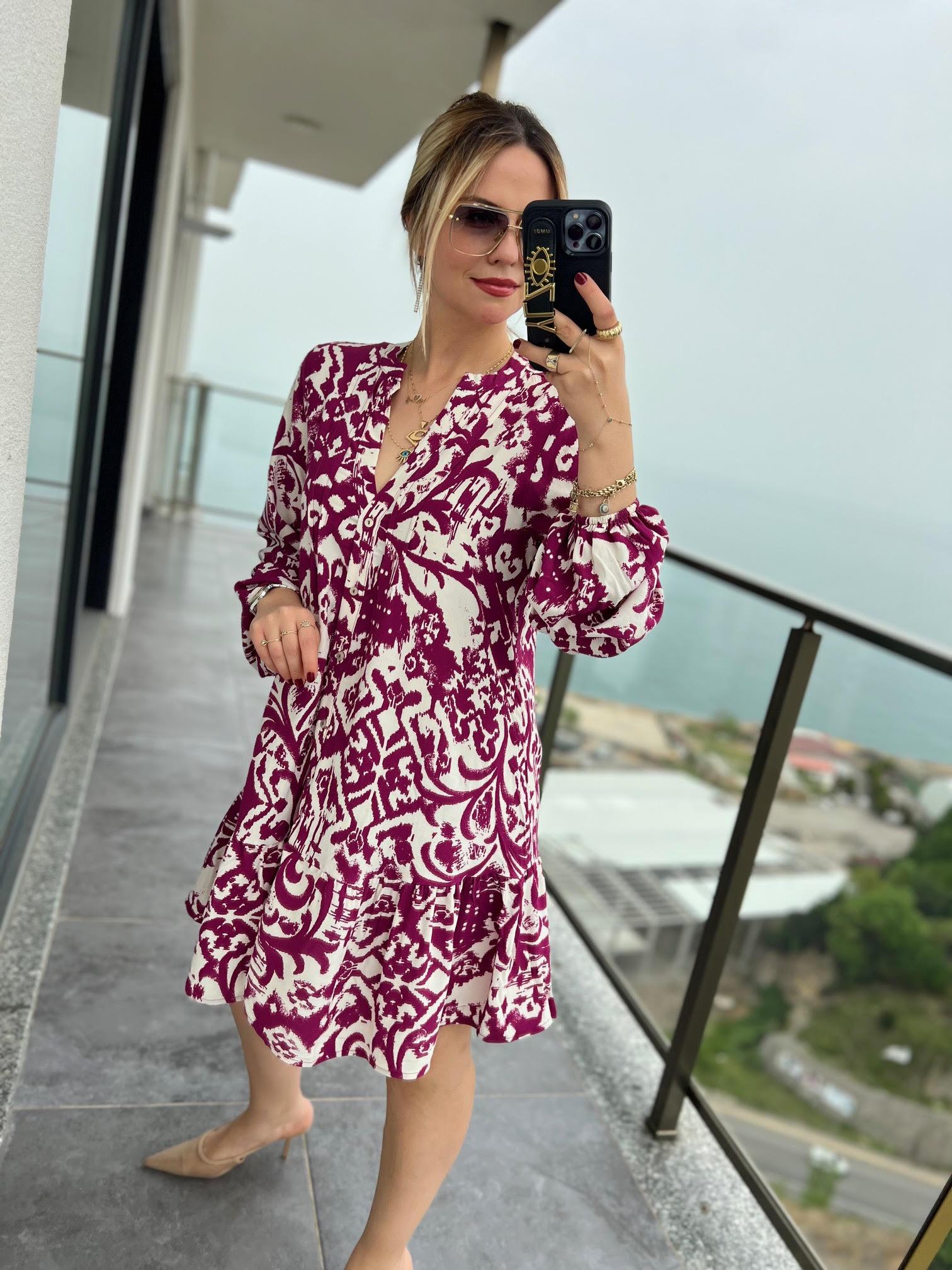 0755 Desenli Kısa Elbise PEMBE