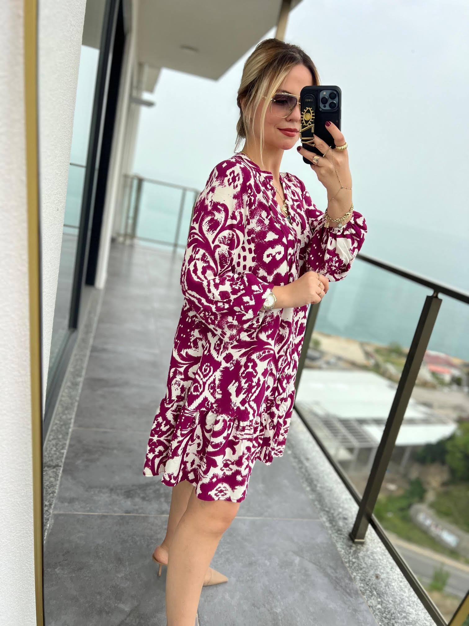 0755 Desenli Kısa Elbise PEMBE