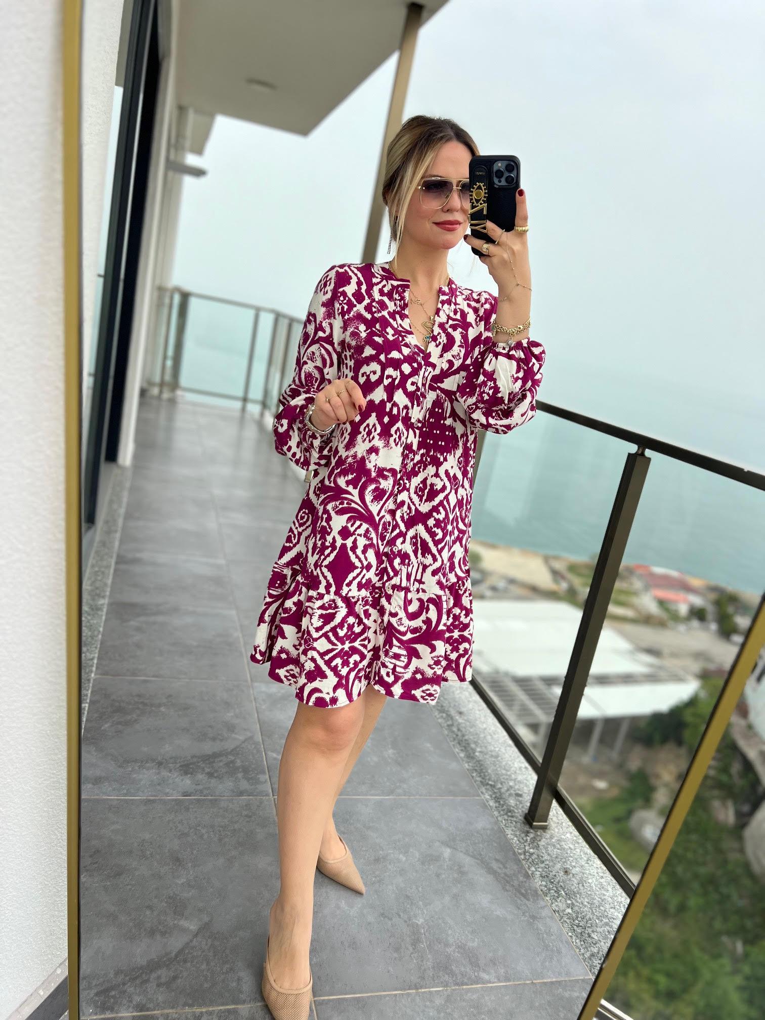 0755 Desenli Kısa Elbise PEMBE