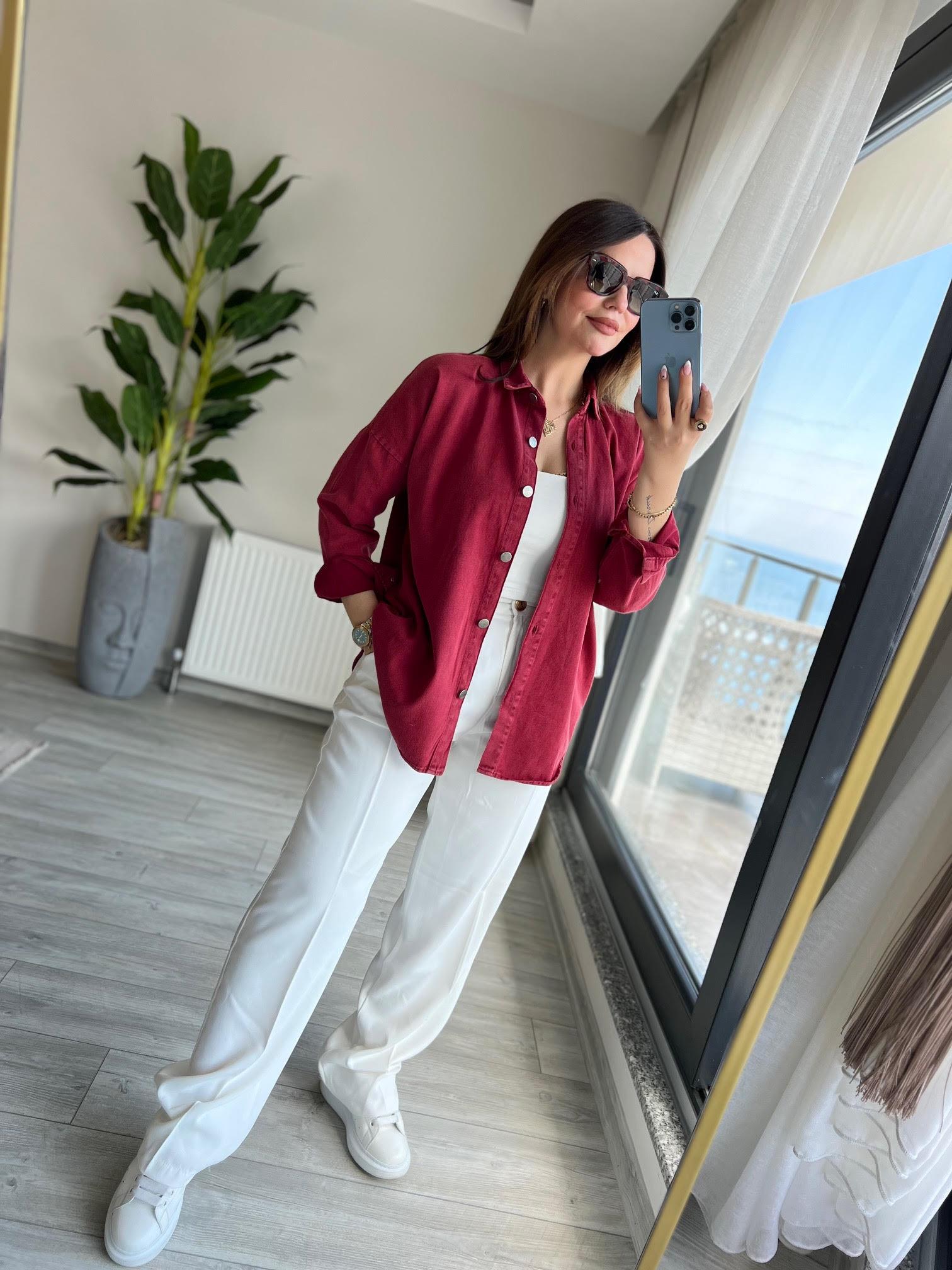 077 Yıkamalı Gabardin Gömlek BORDO