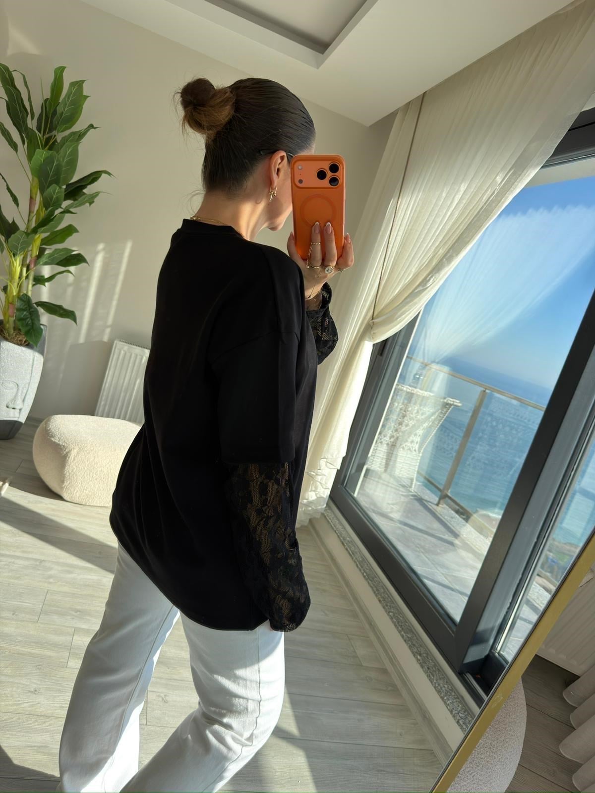 0886 Kolu Dantelli Sweat SİYAH