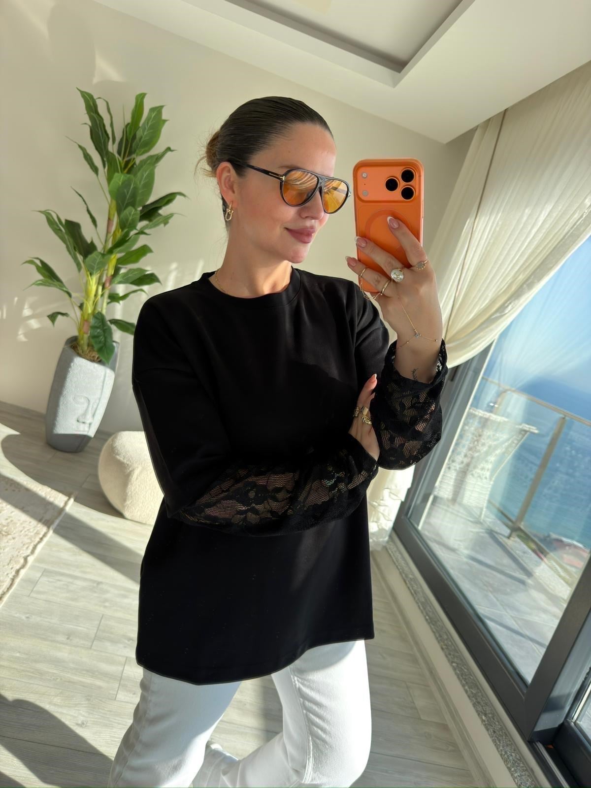 0886 Kolu Dantelli Sweat SİYAH