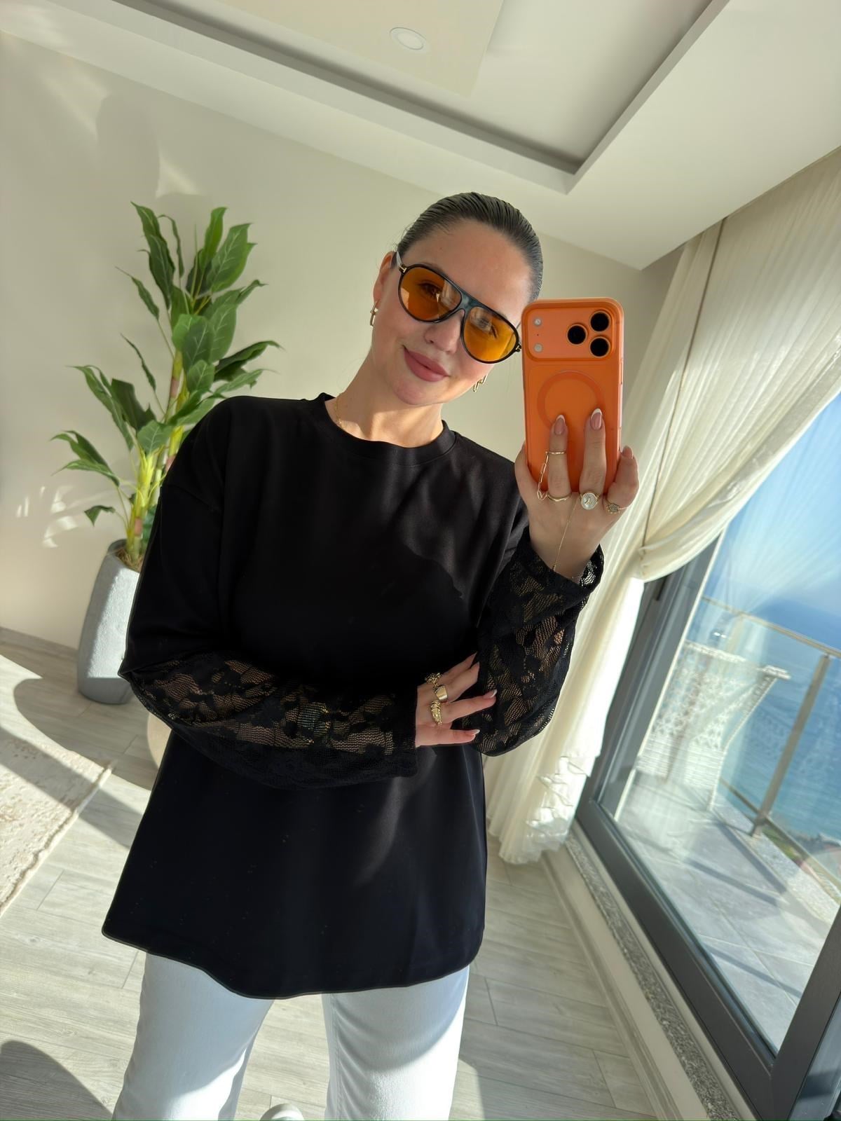 0886 Kolu Dantelli Sweat SİYAH