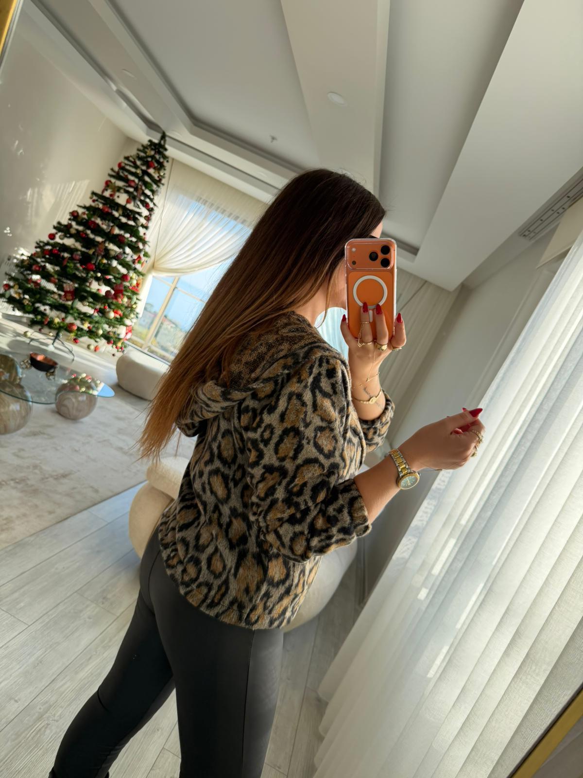 1005  Leoparlı Kapüşonlu Hırka LEOPAR