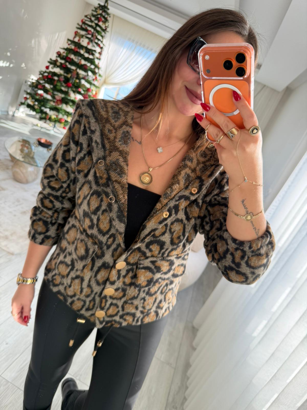1005  Leoparlı Kapüşonlu Hırka LEOPAR