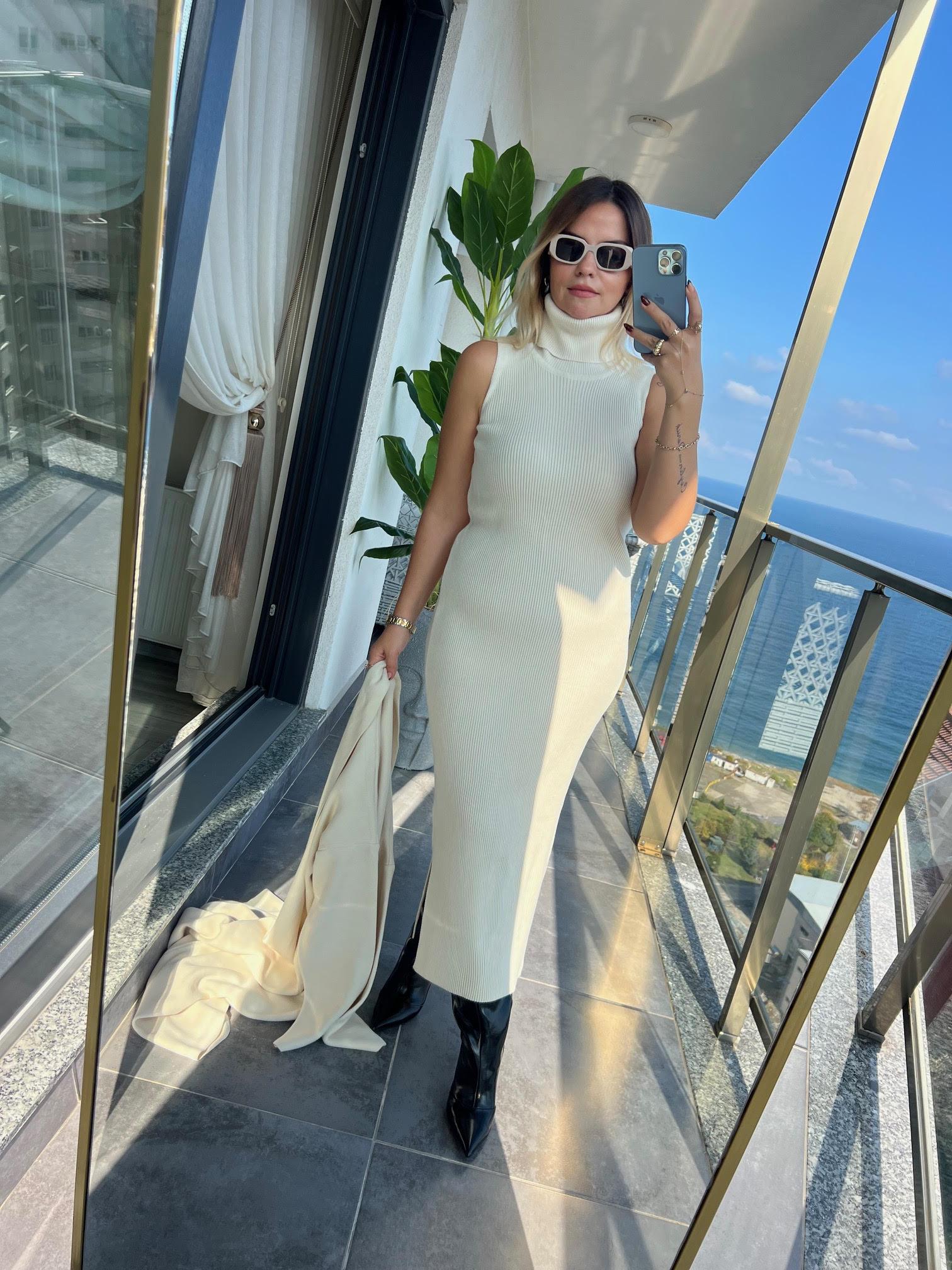 10117 Uzun Hırka Elbise Takım BEJ