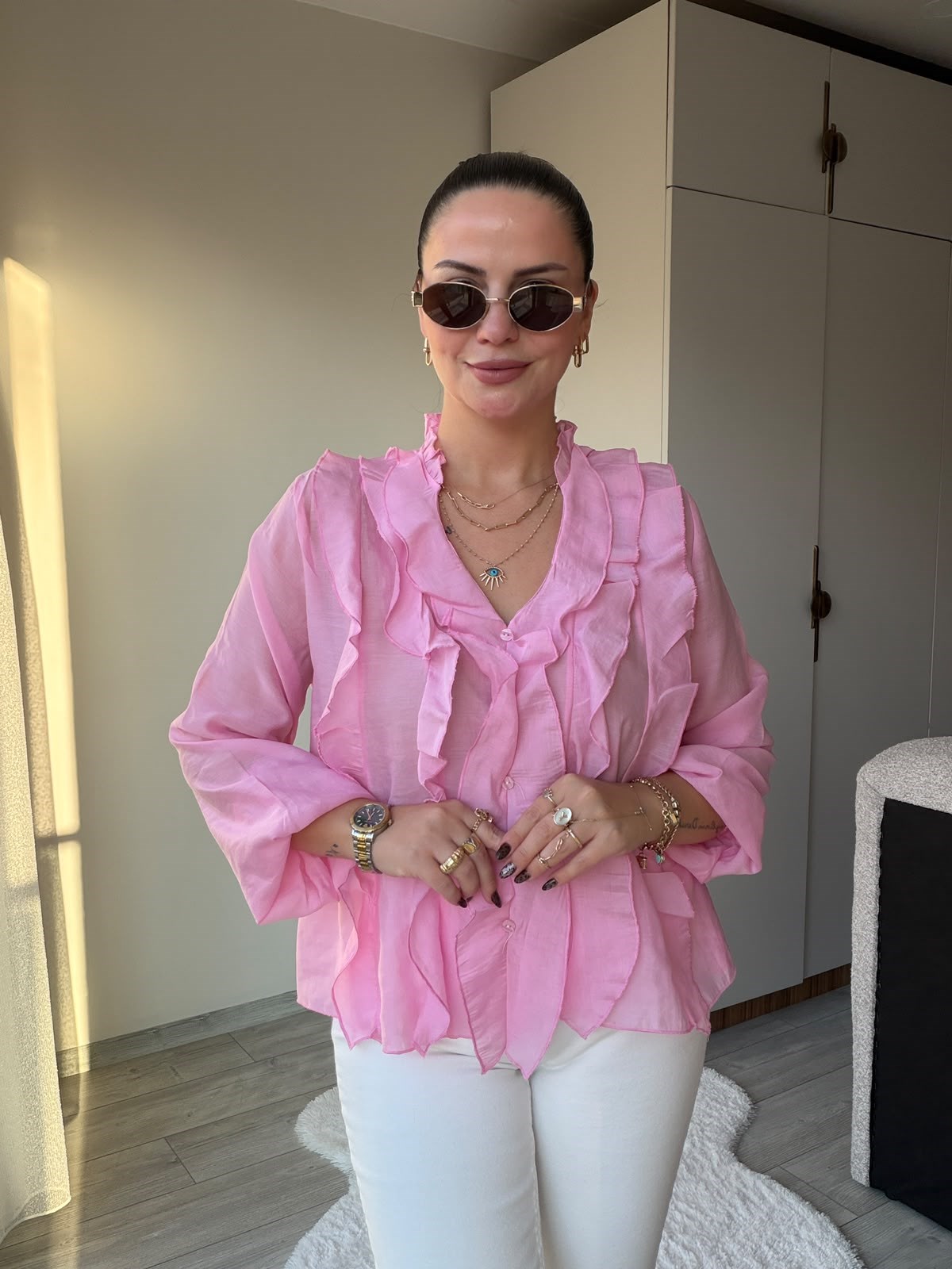1012 Önü Fırfırlı Gömlek PEMBE