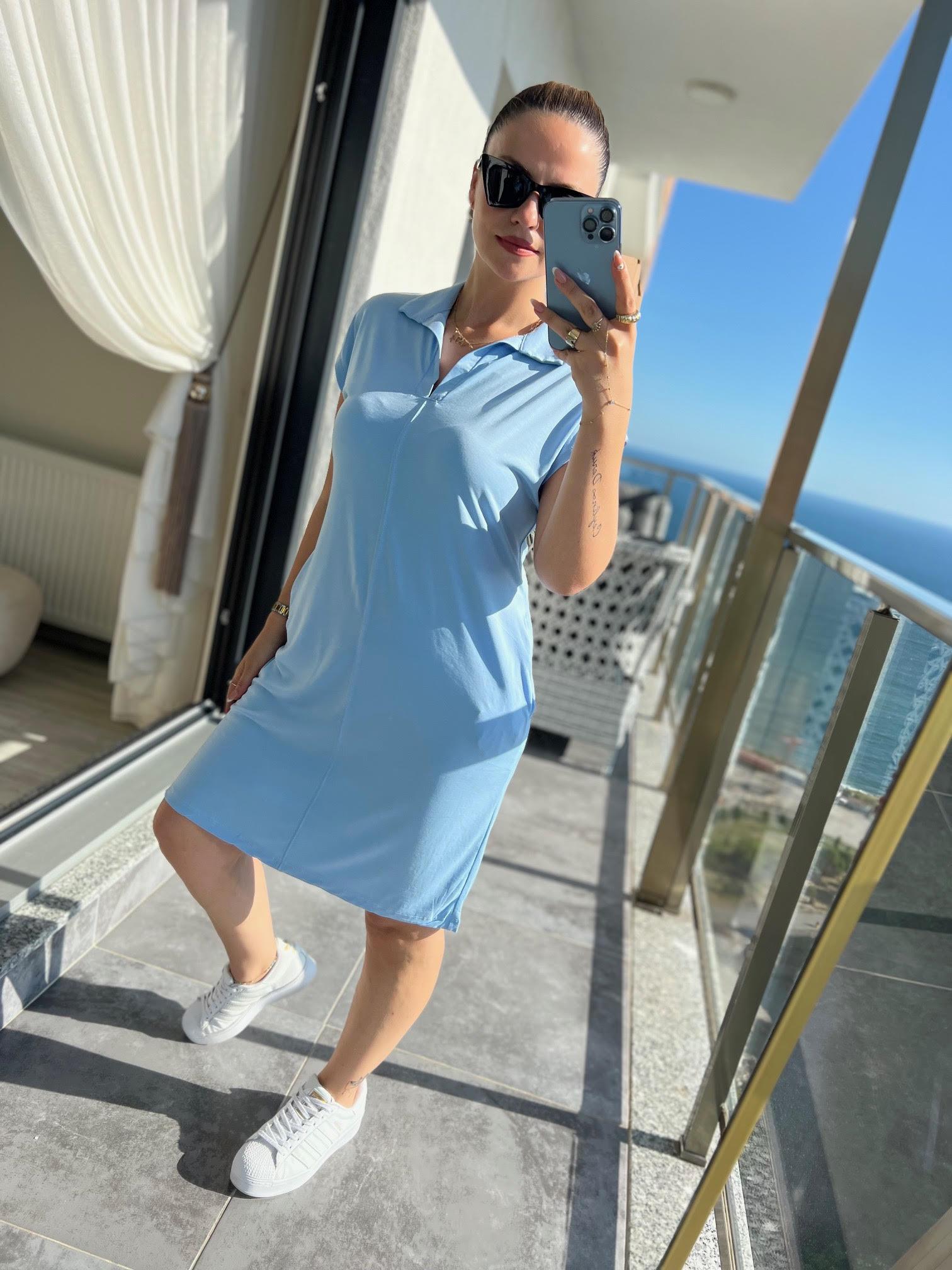 1015 Polo Yaka Modal Kumaş Elbise BEBE MAVİ