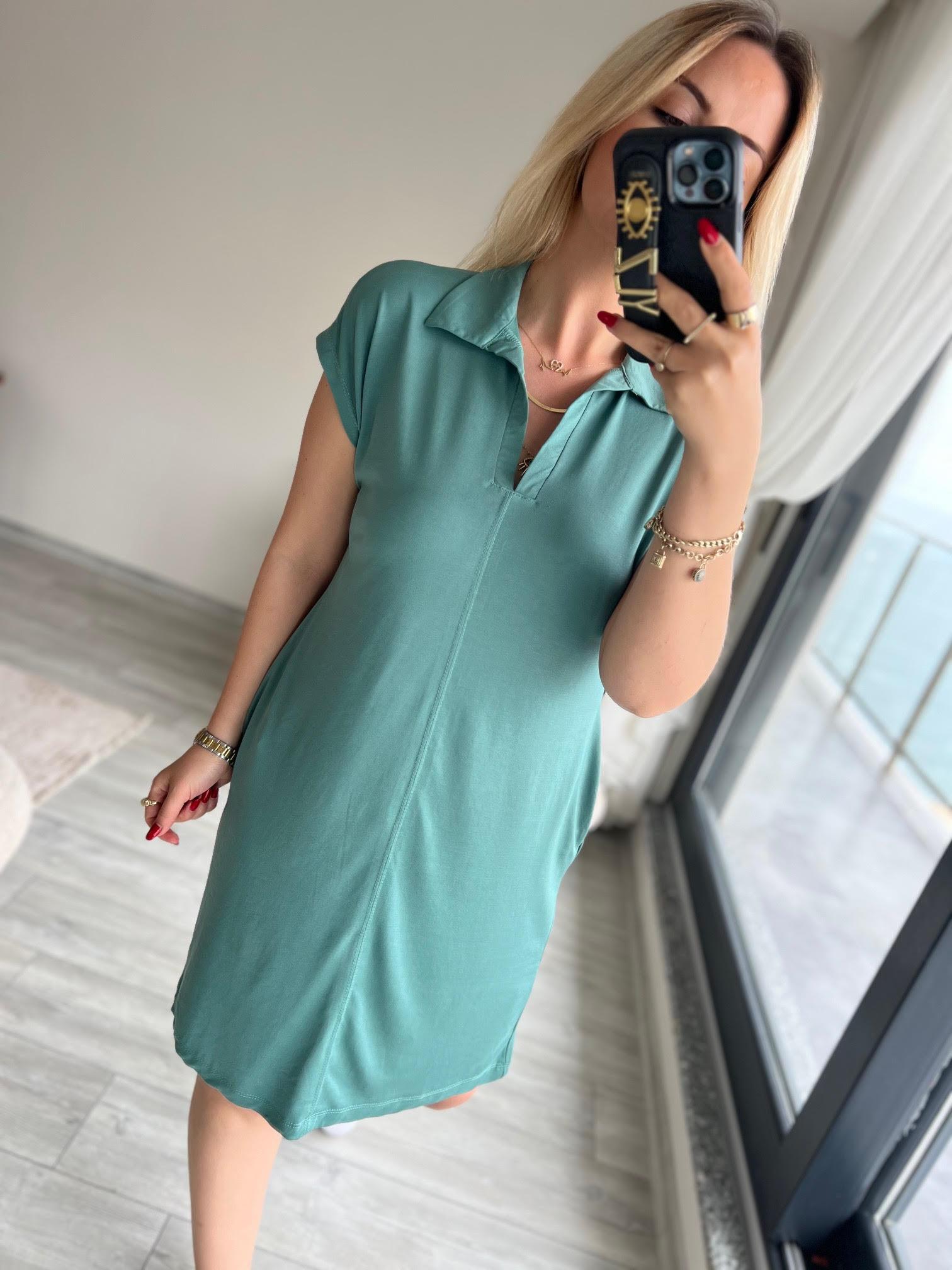 1015 Polo Yaka Modal Kumaş Elbise ÇİMEN YEŞİLİ