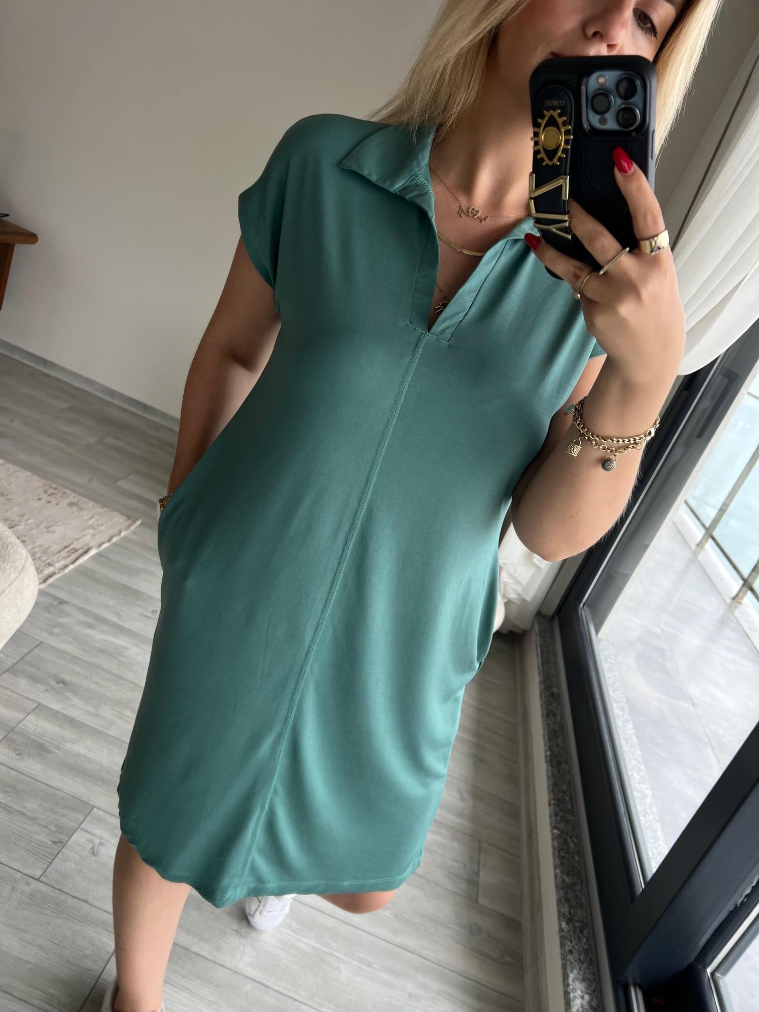 1015 Polo Yaka Modal Kumaş Elbise ÇİMEN YEŞİLİ