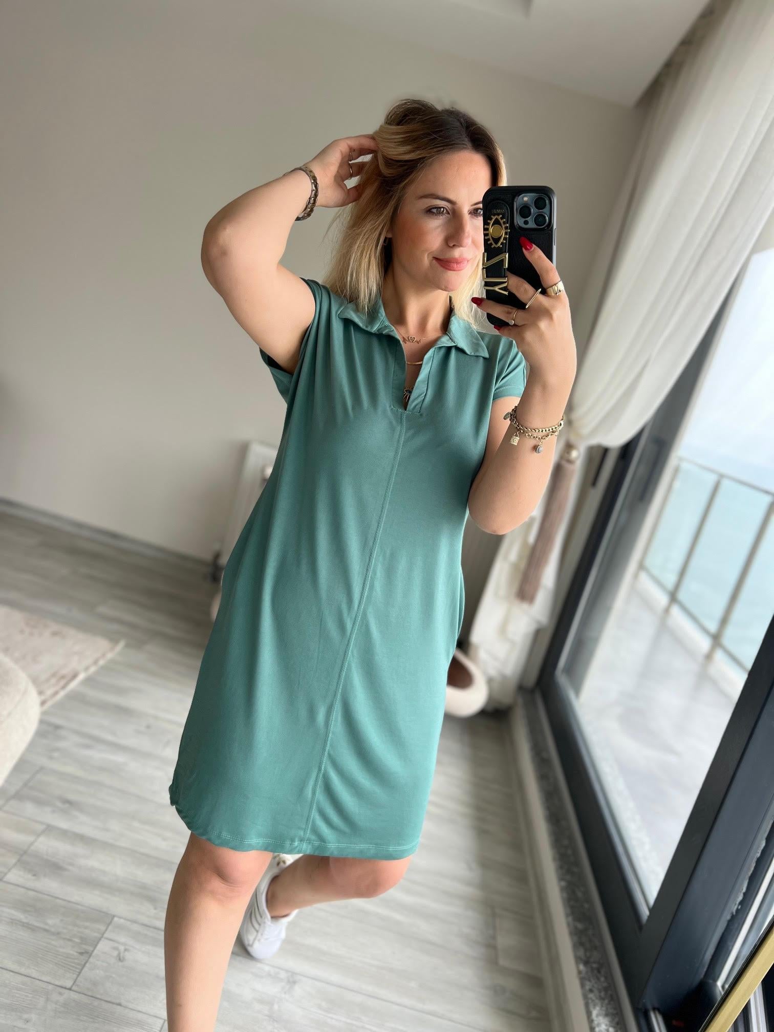 1015 Polo Yaka Modal Kumaş Elbise ÇİMEN YEŞİLİ