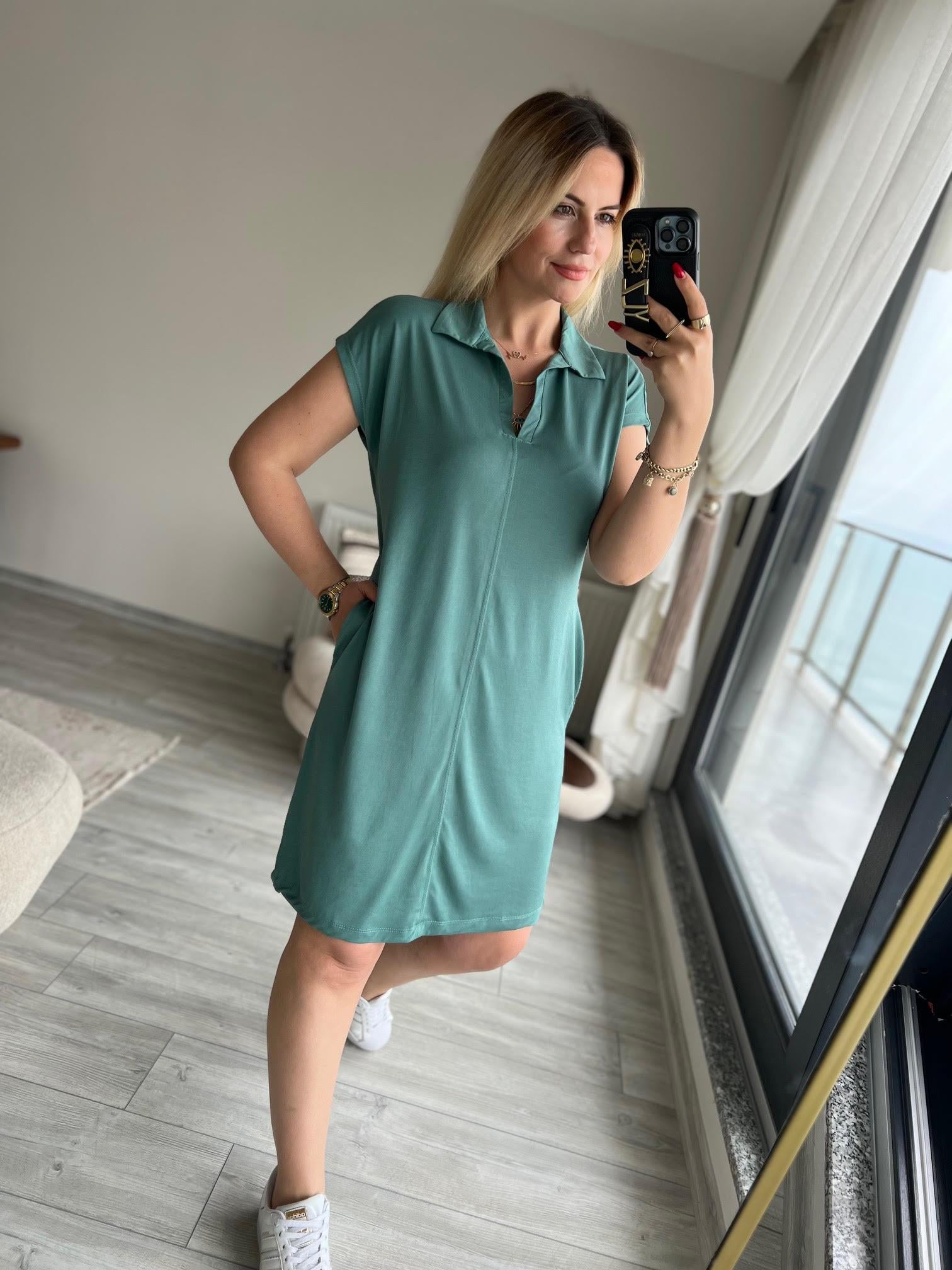 1015 Polo Yaka Modal Kumaş Elbise ÇİMEN YEŞİLİ