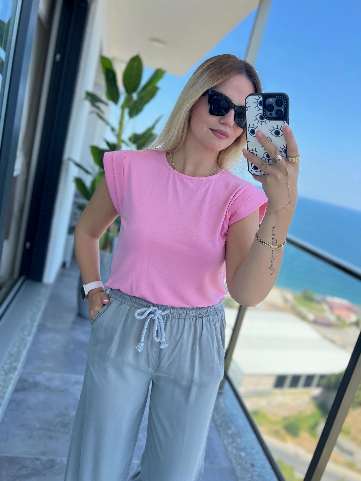 1016 Omuzu Süngerli Bluz PEMBE