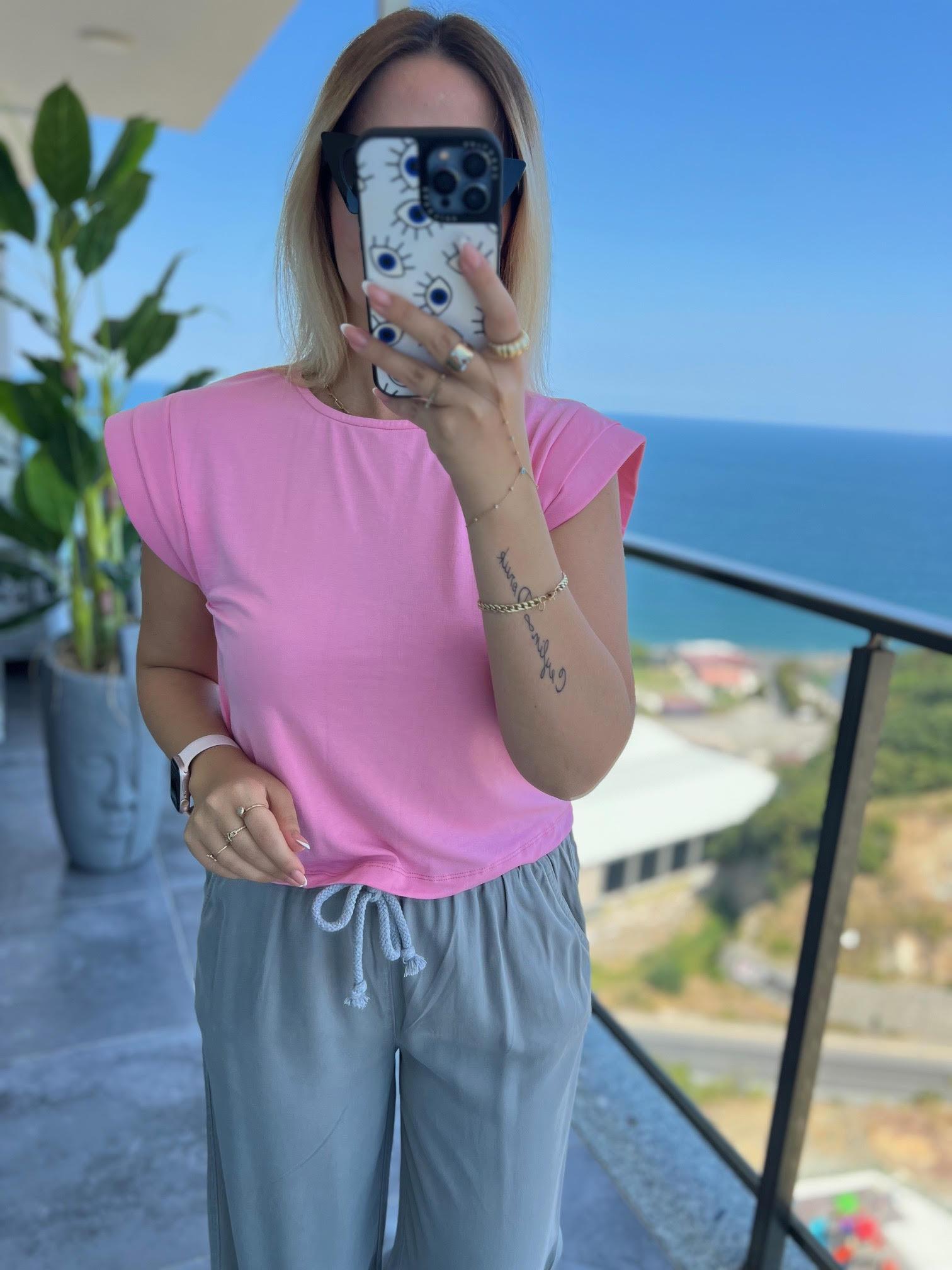 1016 Omuzu Süngerli Bluz PEMBE