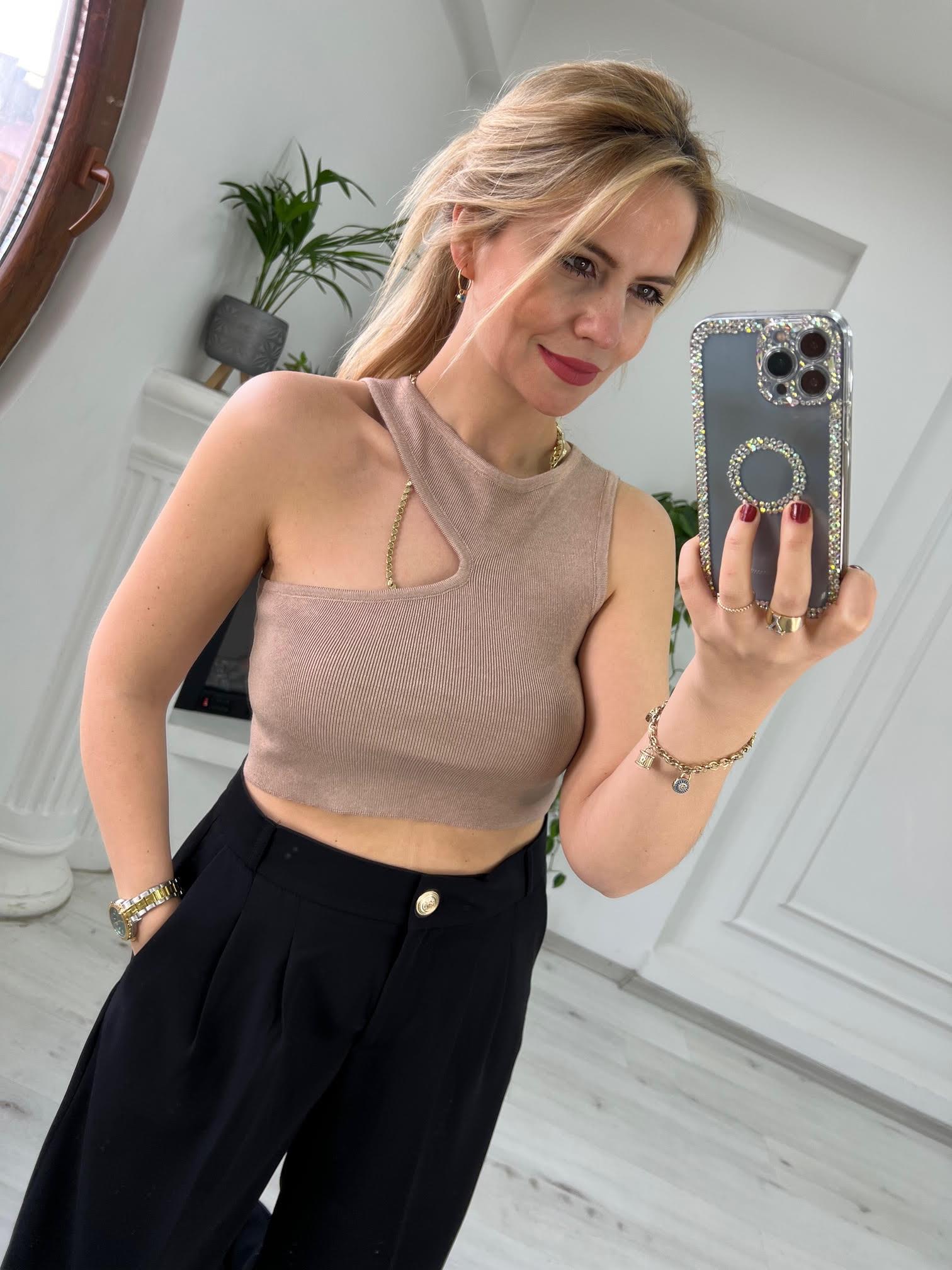 10173 Bisiklet Yaka Dekolte Crop BEJ