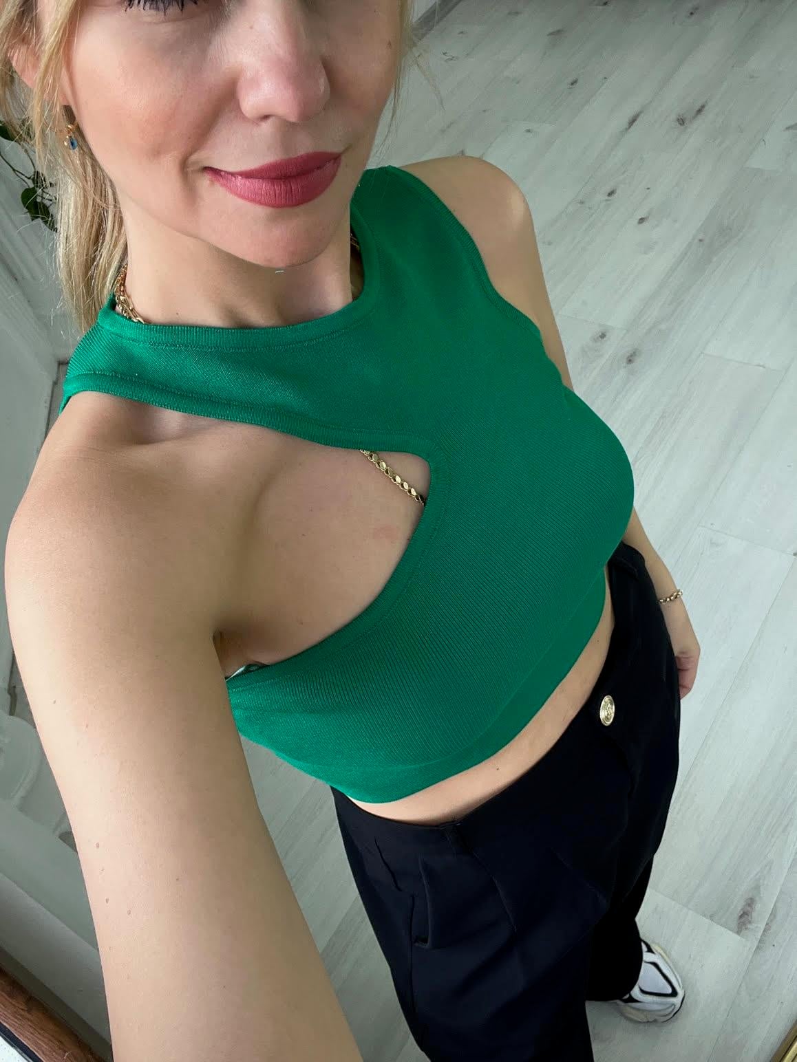10173 Bisiklet Yaka Dekolte Crop YEŞİL
