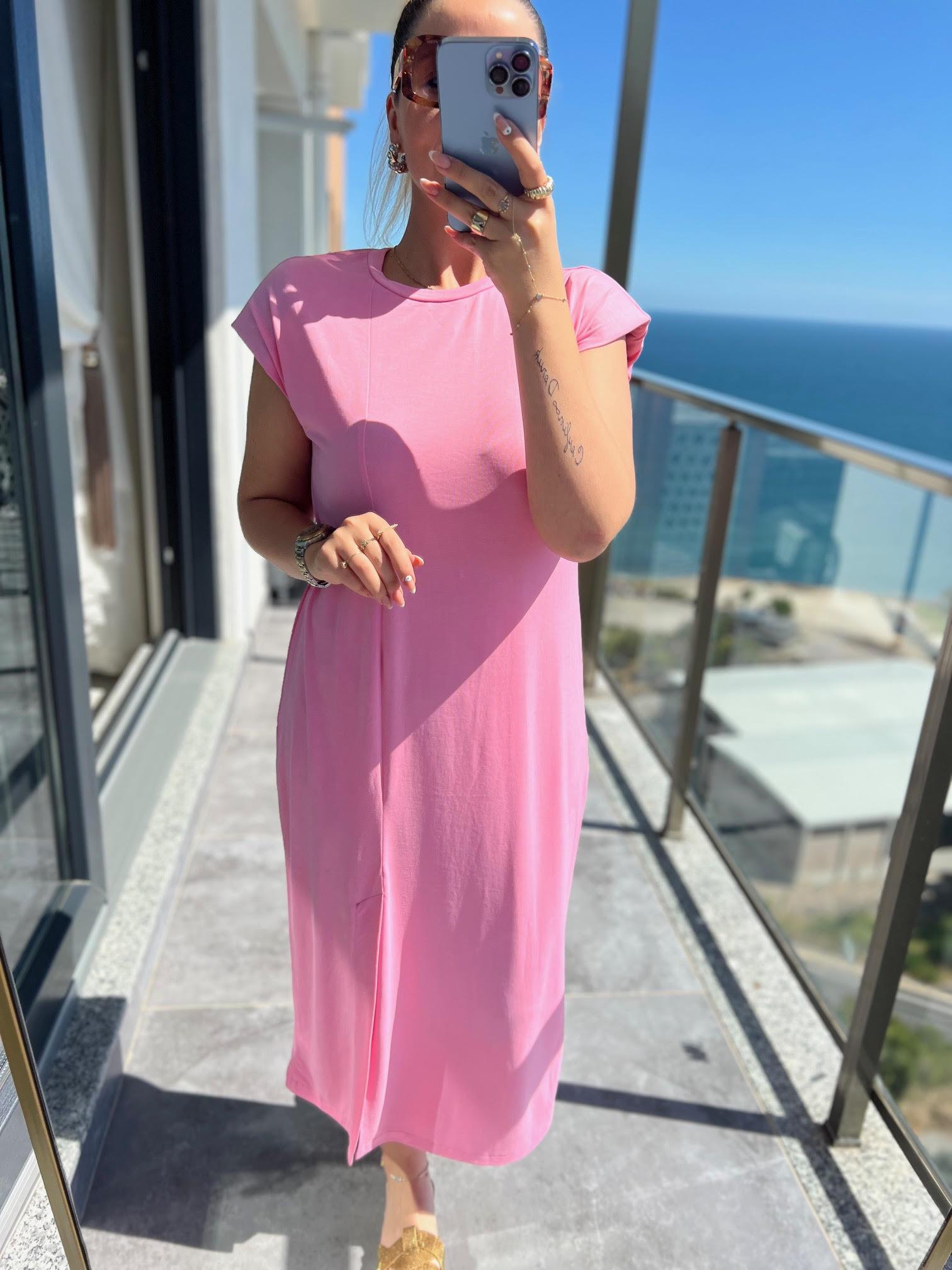 1018 Önden Yırtmaçlı Modal Elbise PEMBE
