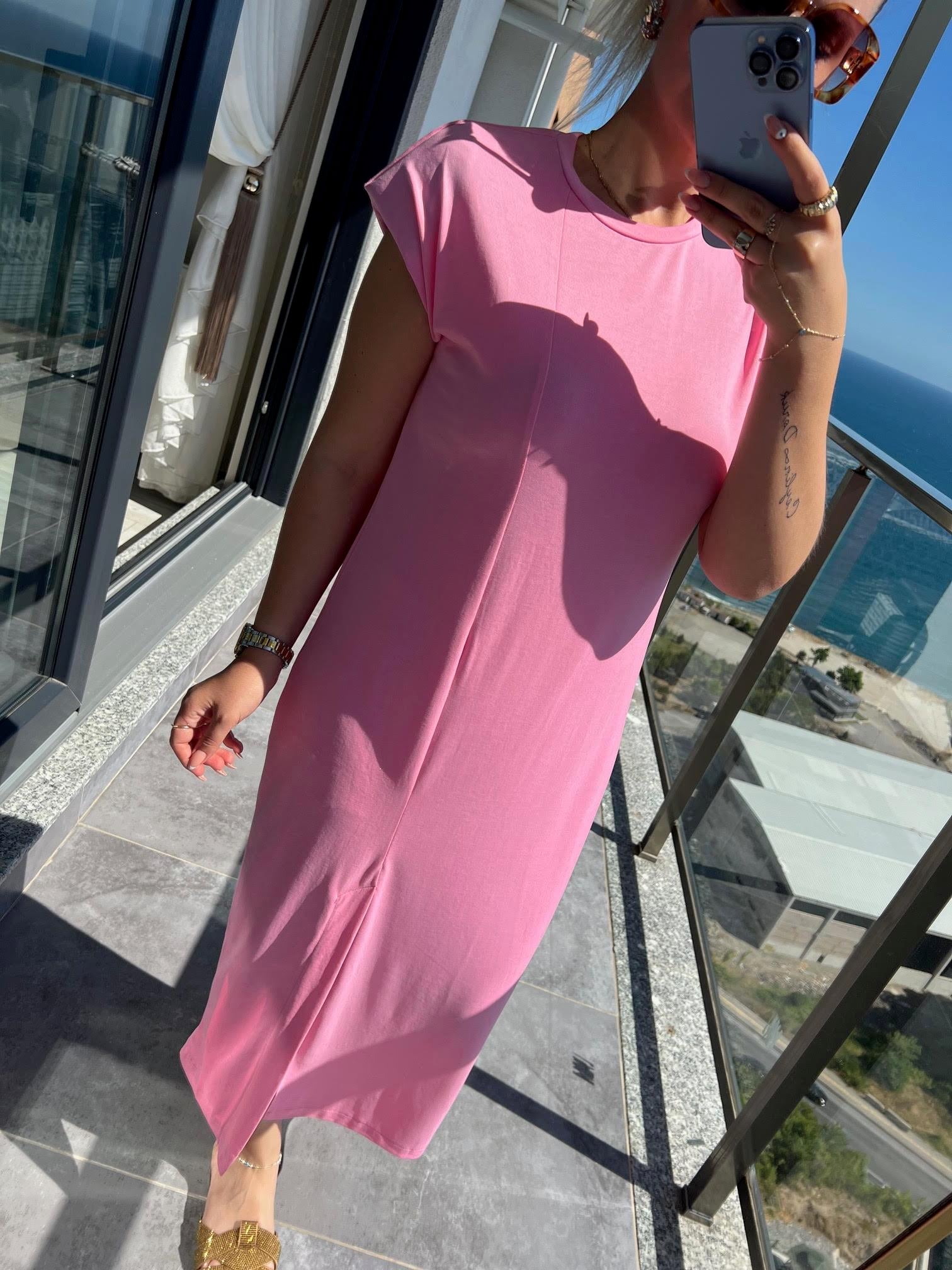 1018 Önden Yırtmaçlı Modal Elbise PEMBE