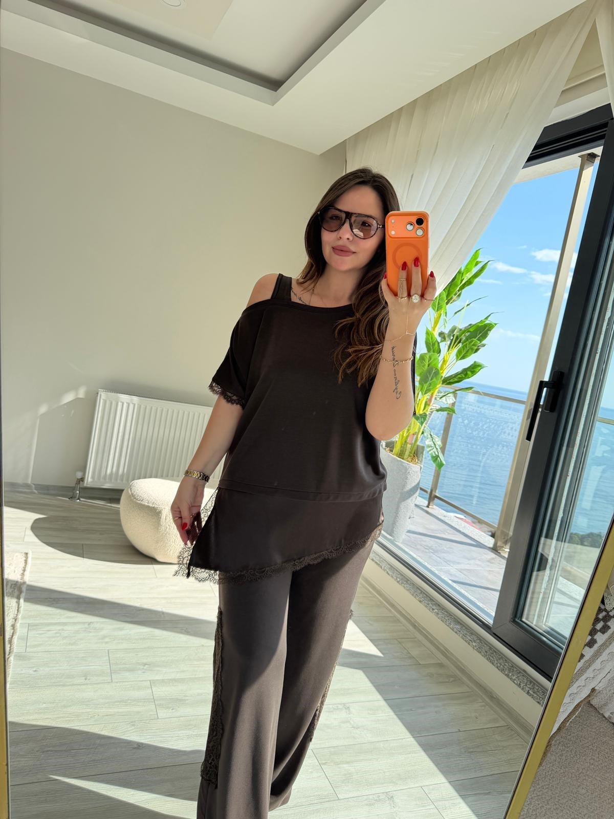 1029 Saten Dantel Detay Takım KAHVE