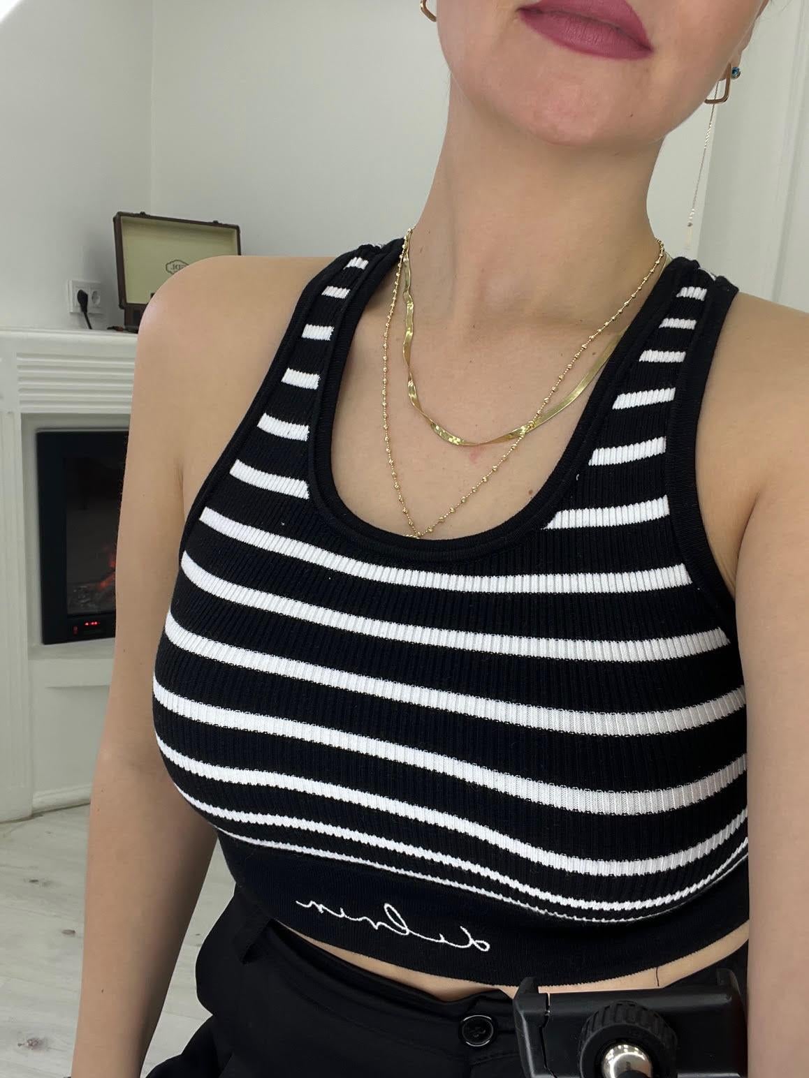 10374 Çizgili Triko Crop SİYAH