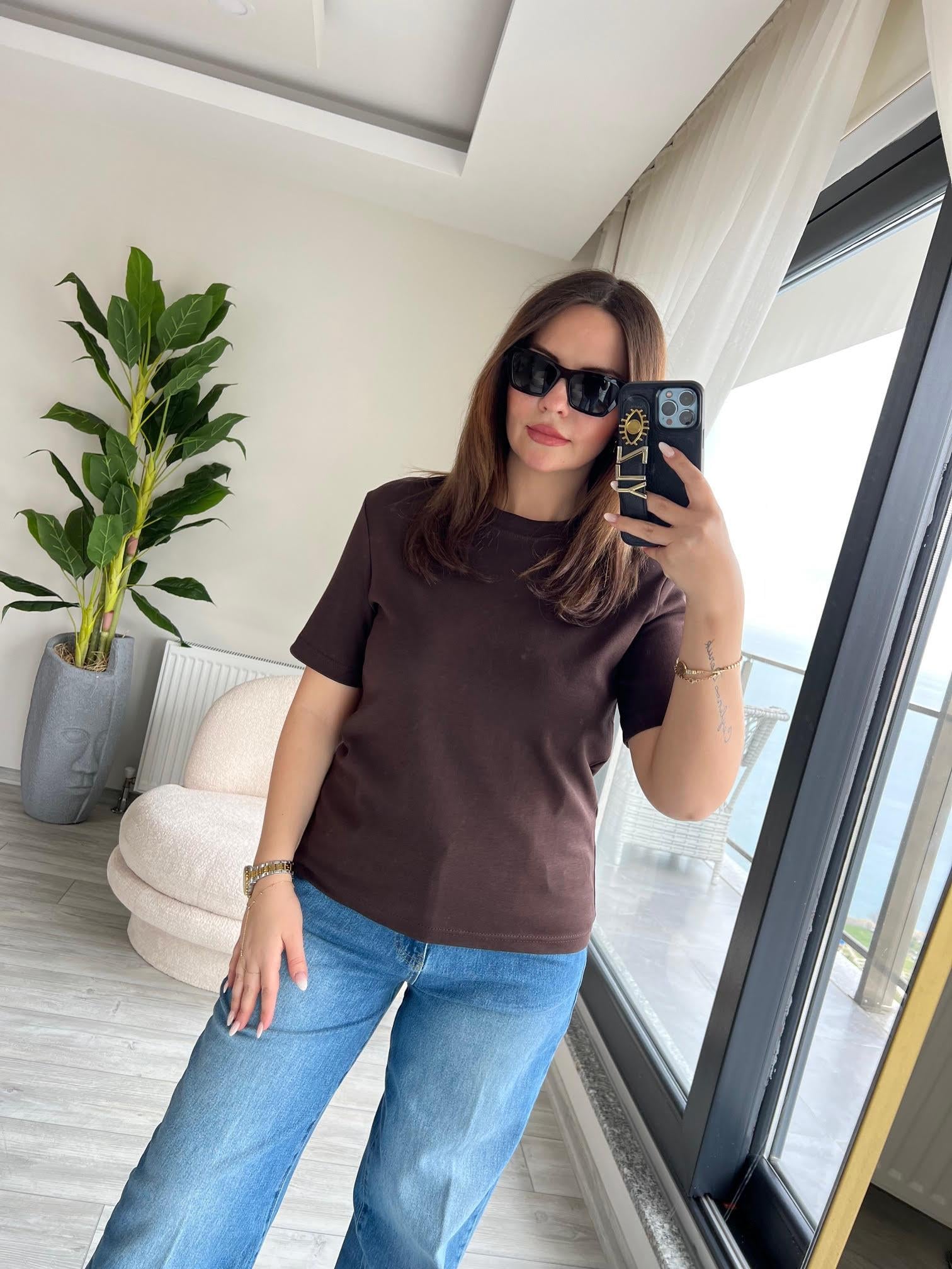 1075 Bisiklet Yaka Tshirt KAHVE
