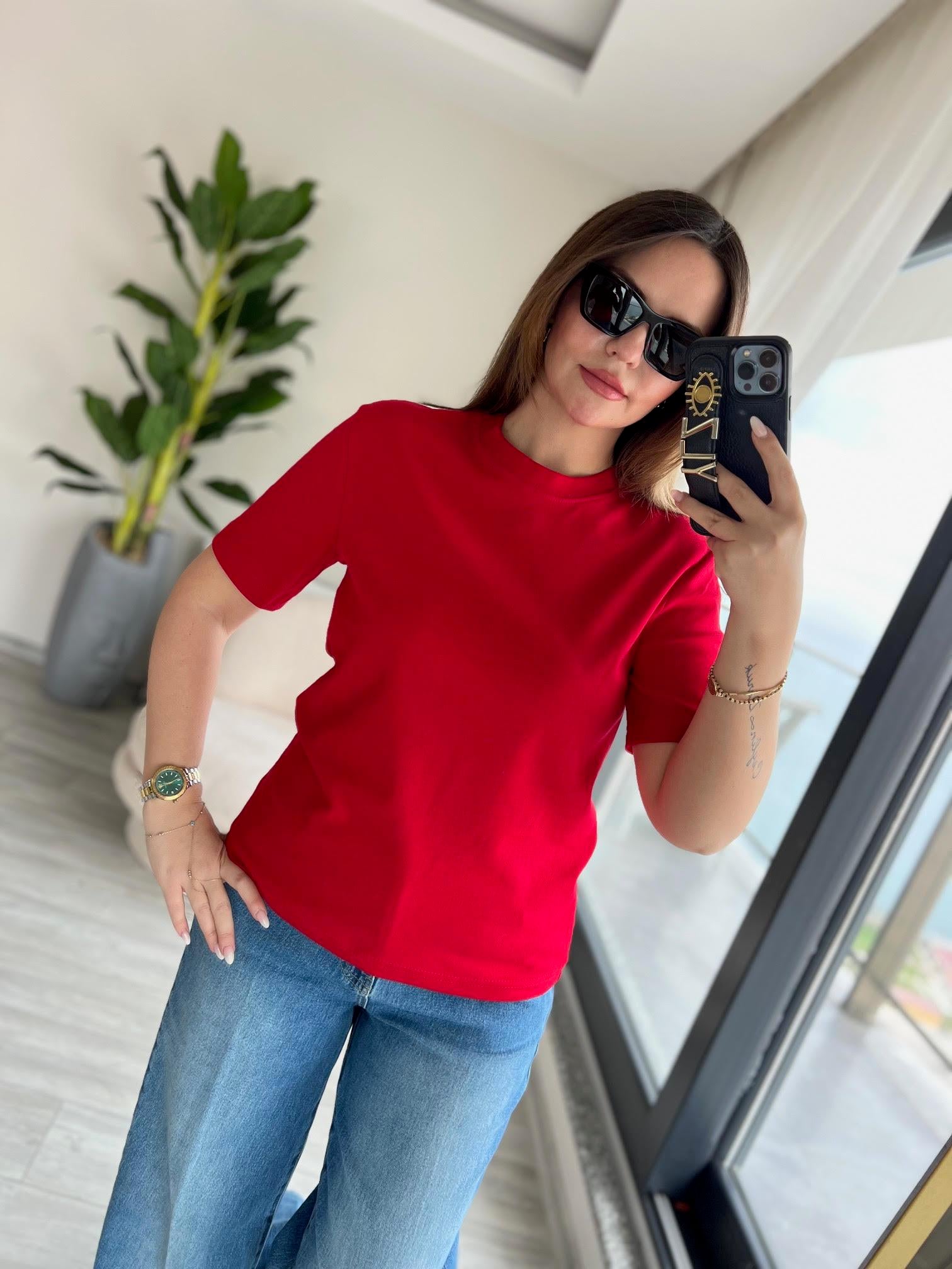 1075 Bisiklet Yaka Tshirt KIRMIZI