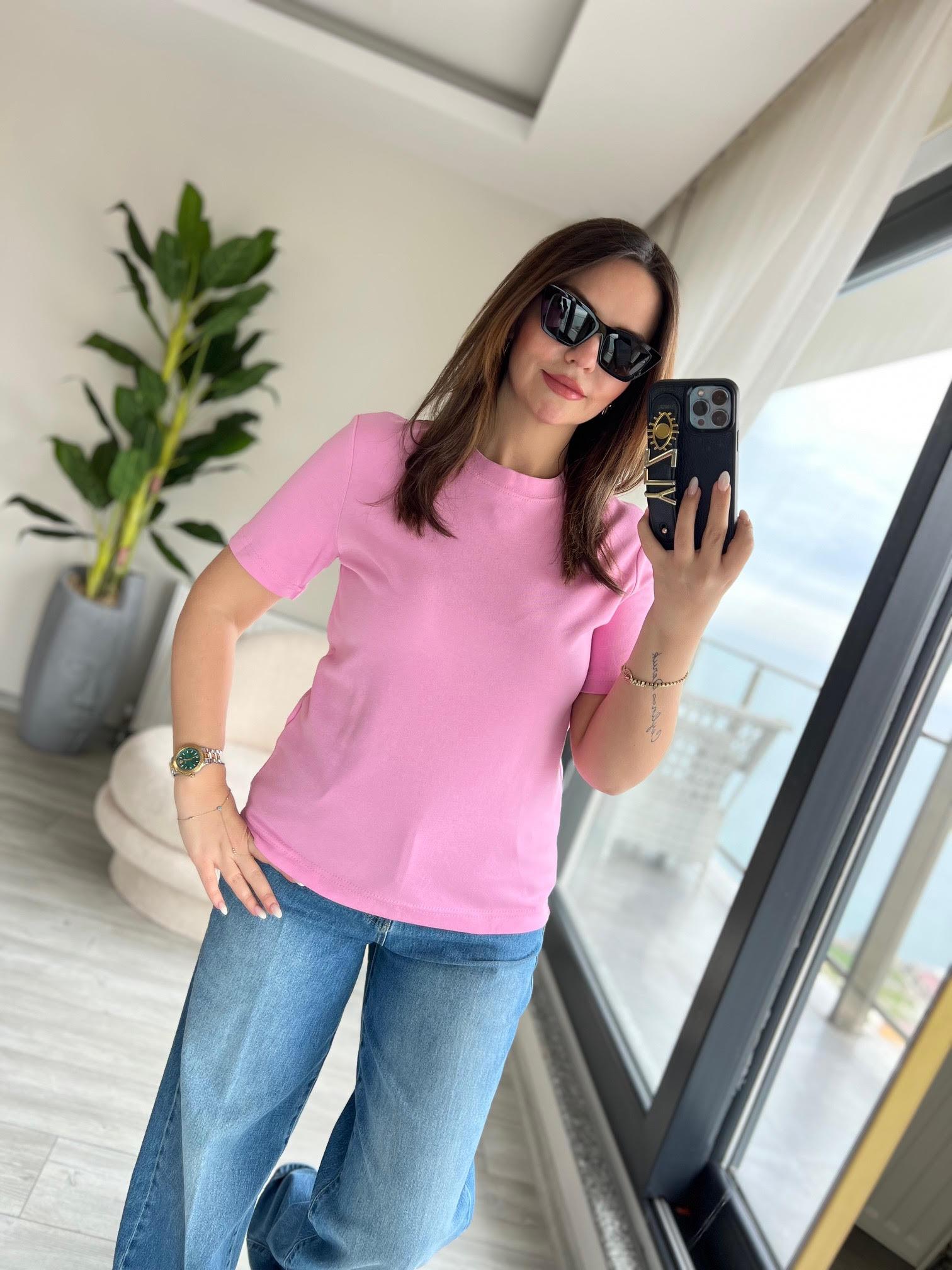 1075 Bisiklet Yaka Tshirt PEMBE
