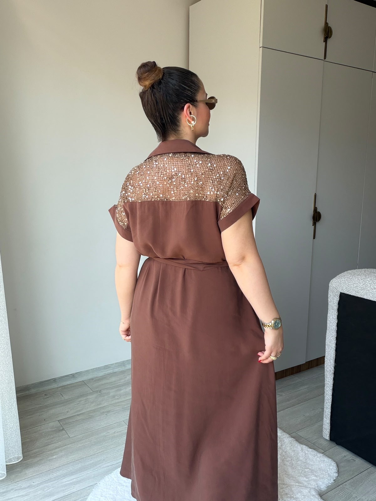 1107 Payet Detay Elbise KAHVE
