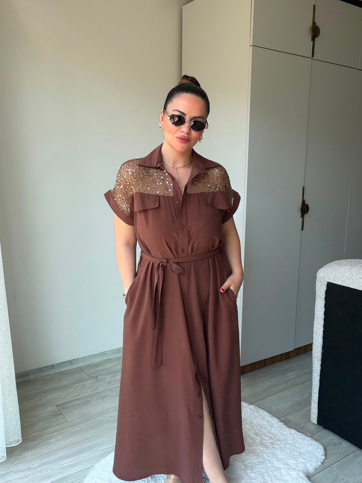 1107 Payet Detay Elbise KAHVE