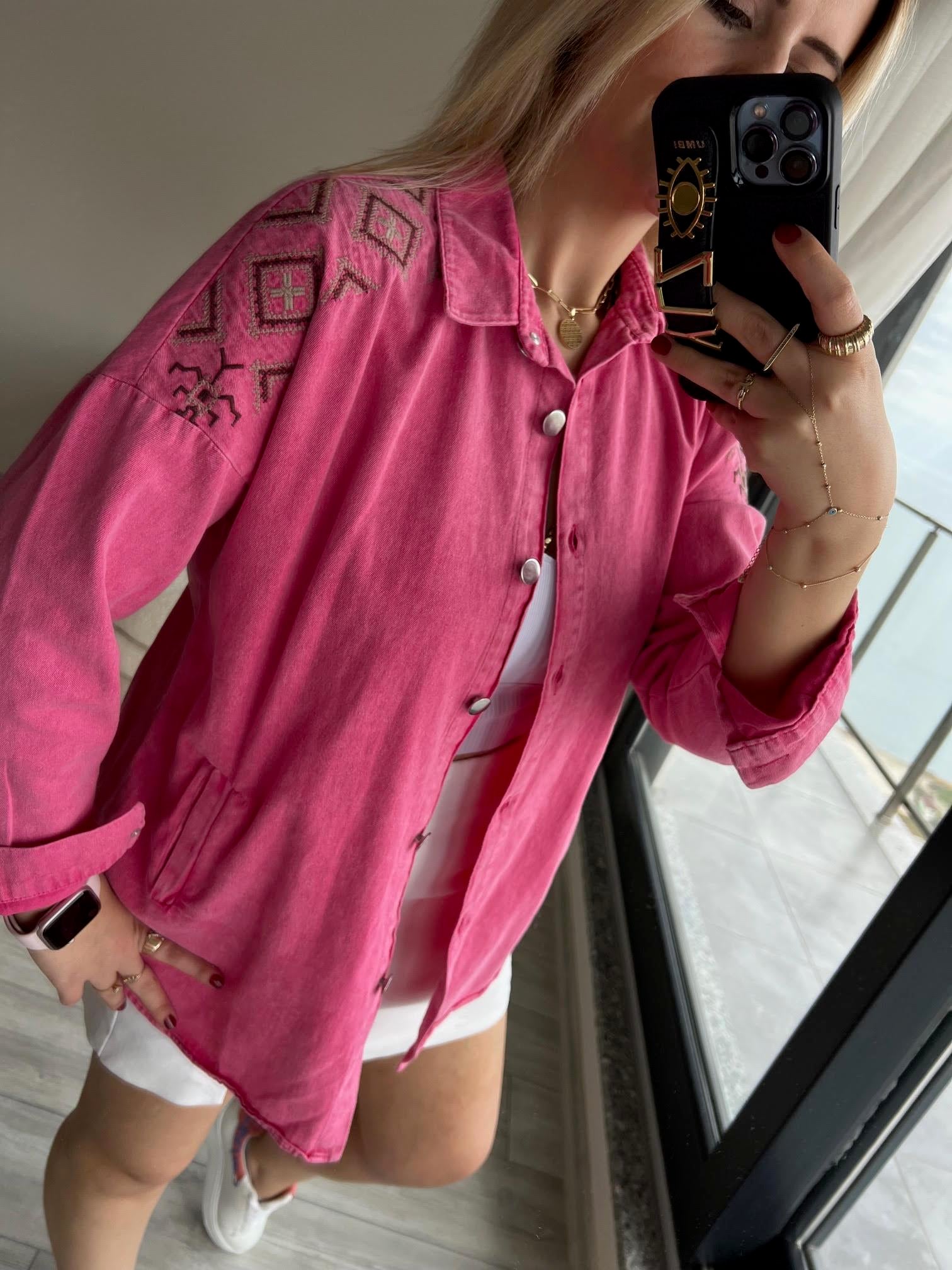 116 Nakışlı Gabardin Gömlek PEMBE