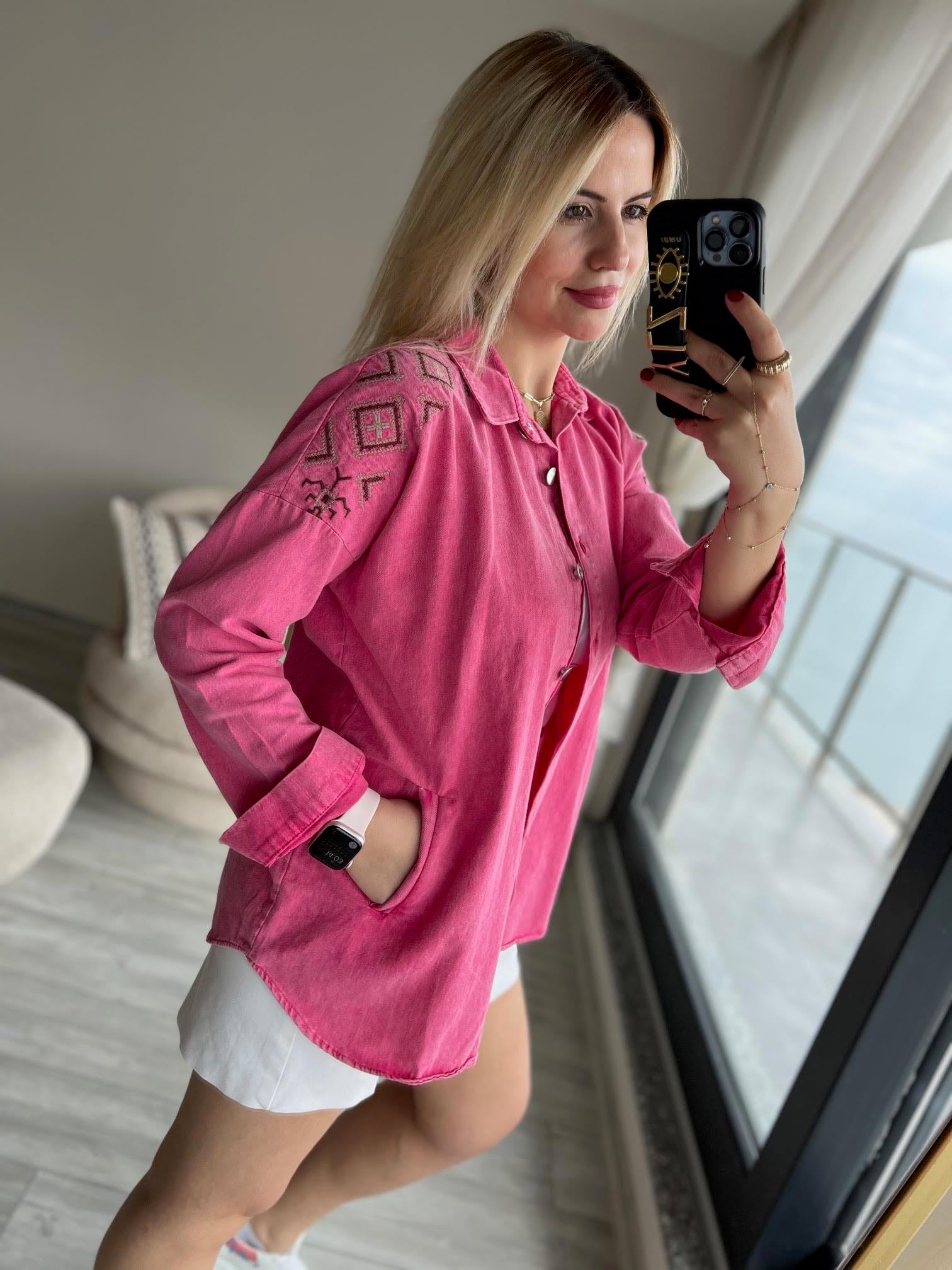 116 Nakışlı Gabardin Gömlek PEMBE