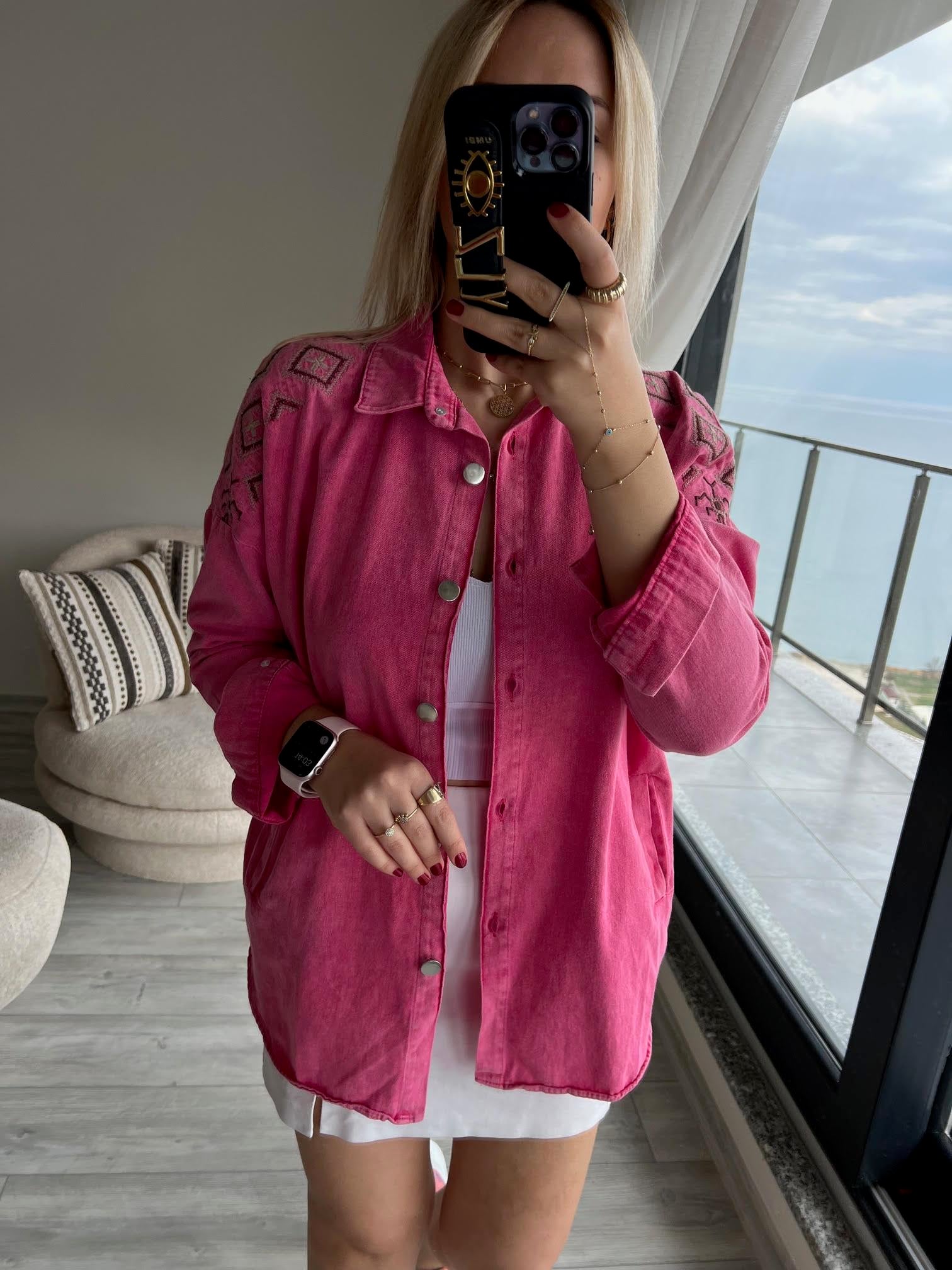 116 Nakışlı Gabardin Gömlek PEMBE